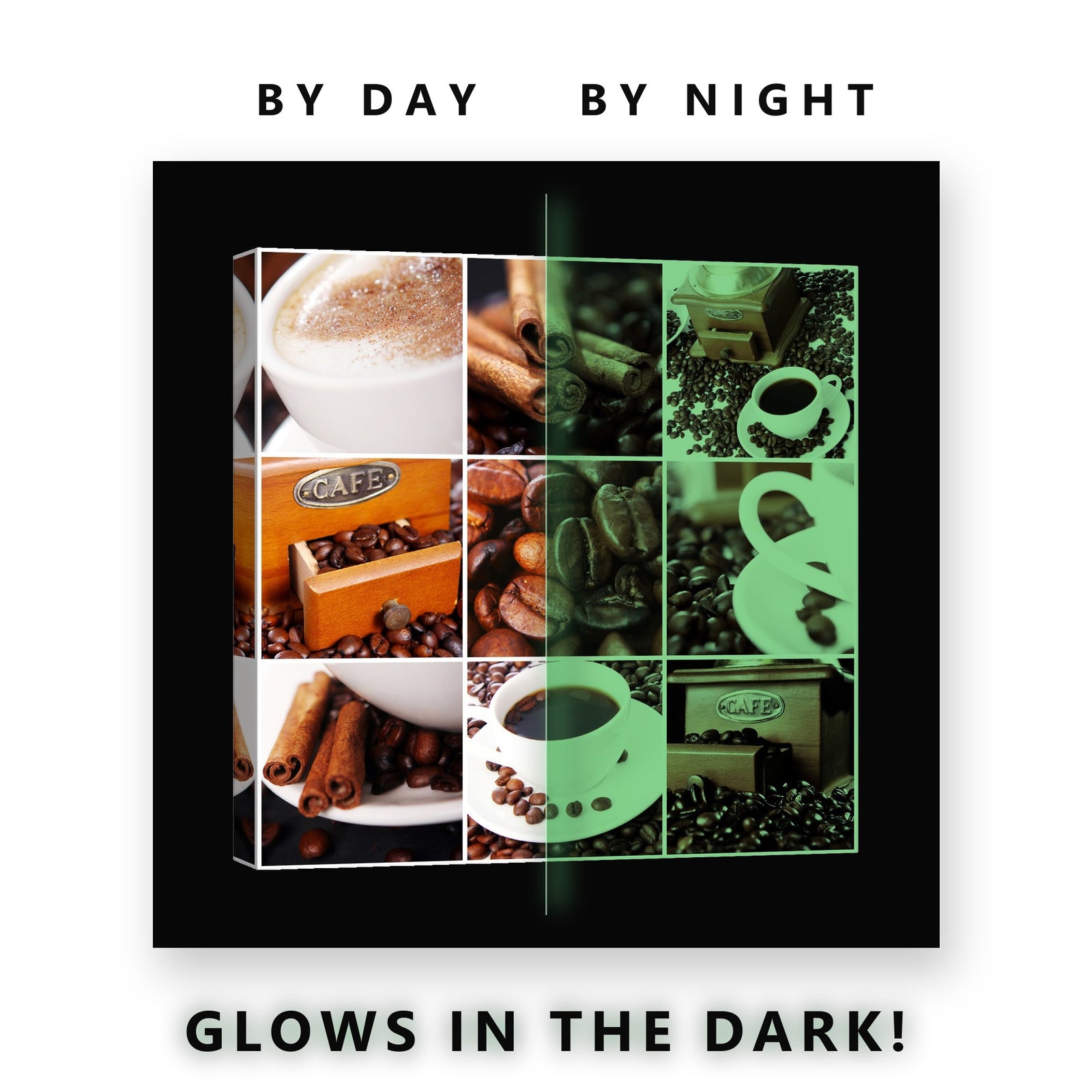 Coffee Beans and Cups Collage Glow in the Dark Canvas Wall Art Kitchen, glowing at night