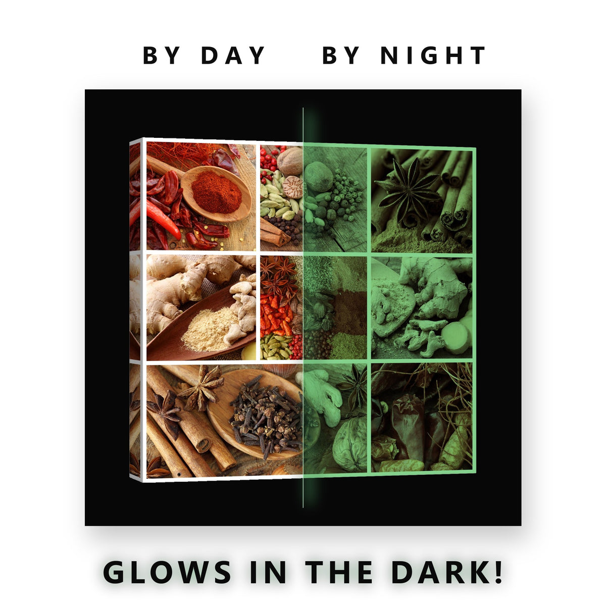Spice Market Collage Glow in the Dark Canvas Wall Art for Kitchen, glowing at night