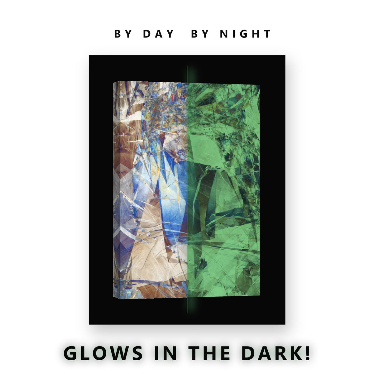 Shattered Blue Glass Abstract Glow in the Dark Canvas Wall Art Office, glowing at night