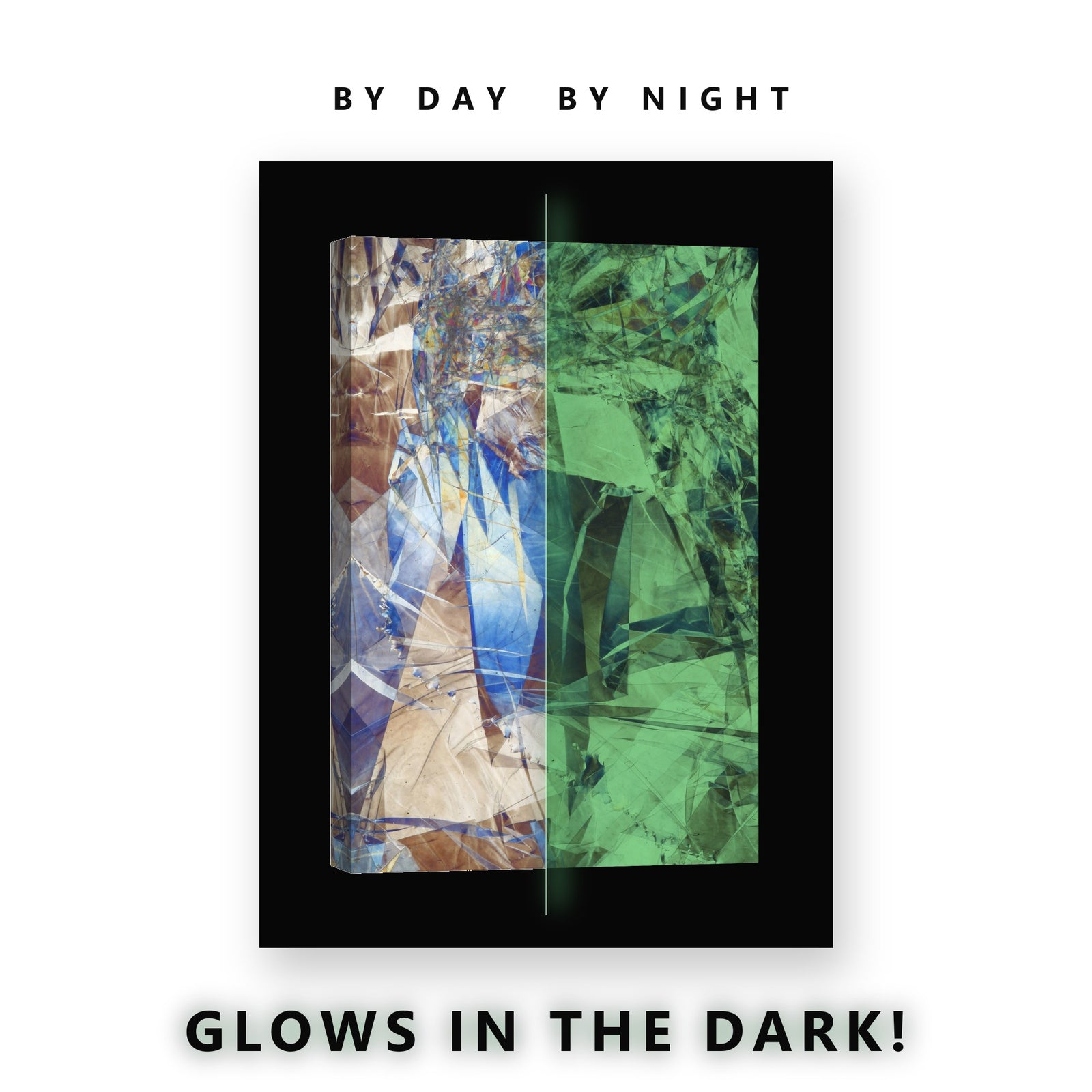 Shattered Blue Glass Abstract Glow in the Dark Canvas Wall Art Office, glowing at night