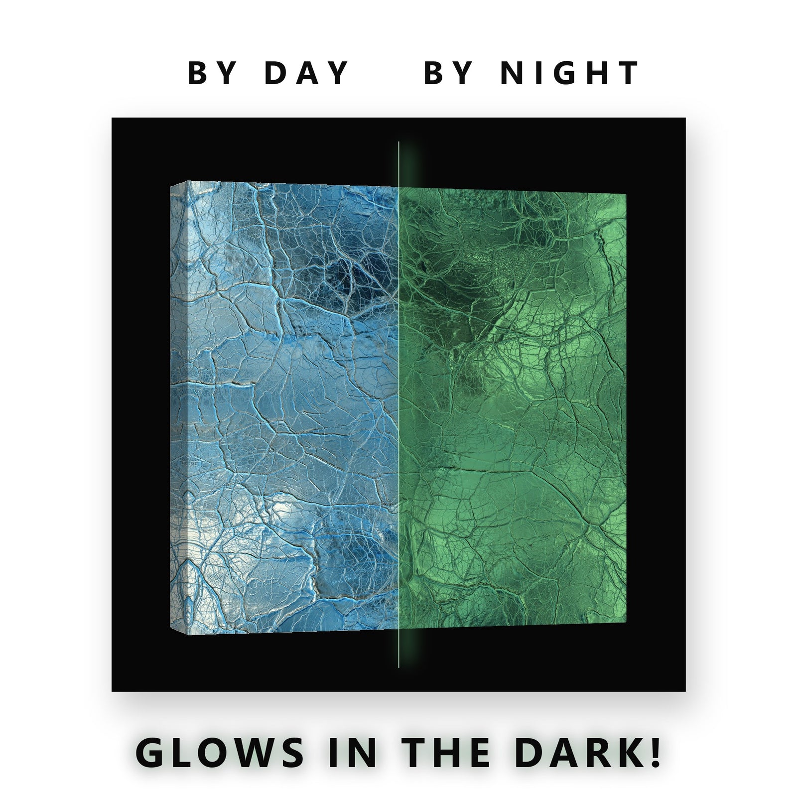 Blue Marble With Silver Veins Glow in the Dark Canvas Wall Art Bathroom, glowing at night