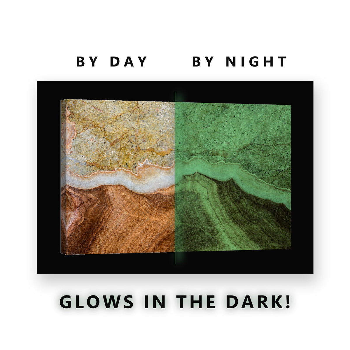 Onyx Stone With White Seam Glow in the Dark Canvas Wall Art Living Room, glowing at night