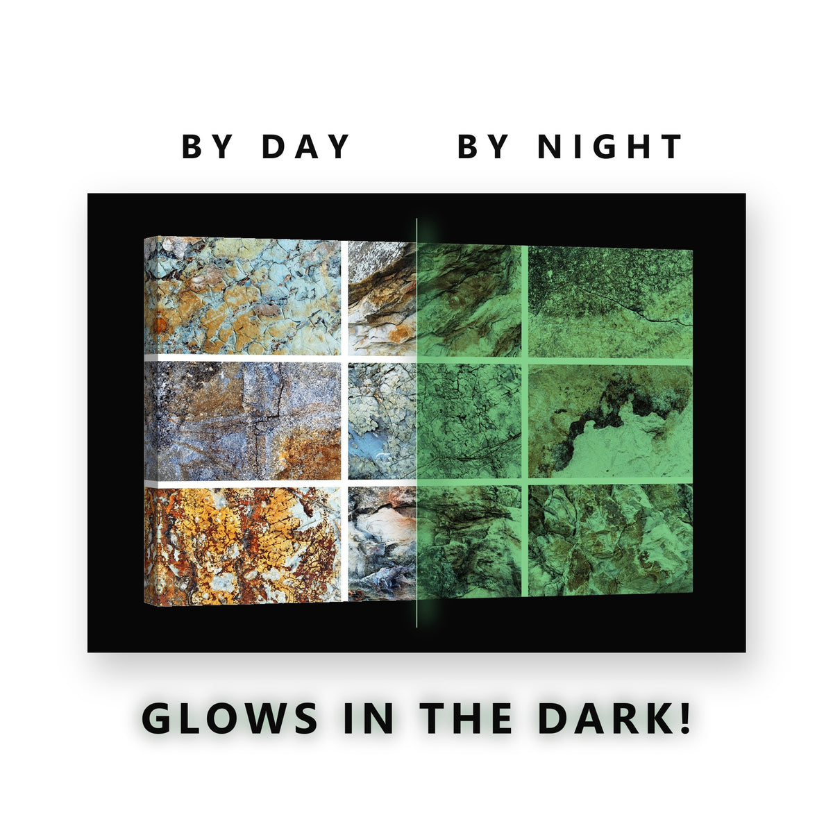 Mineral Rock Texture Collage Glow in the Dark Canvas Wall Art Office, glowing at night