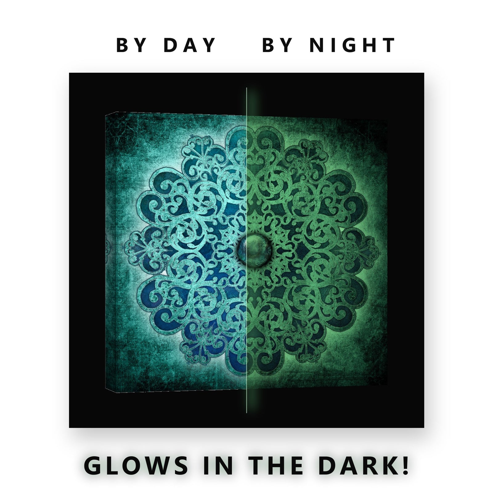 Turquoise Mandala With Stone Glow in the Dark Canvas Wall Art Bedroom, glowing at night