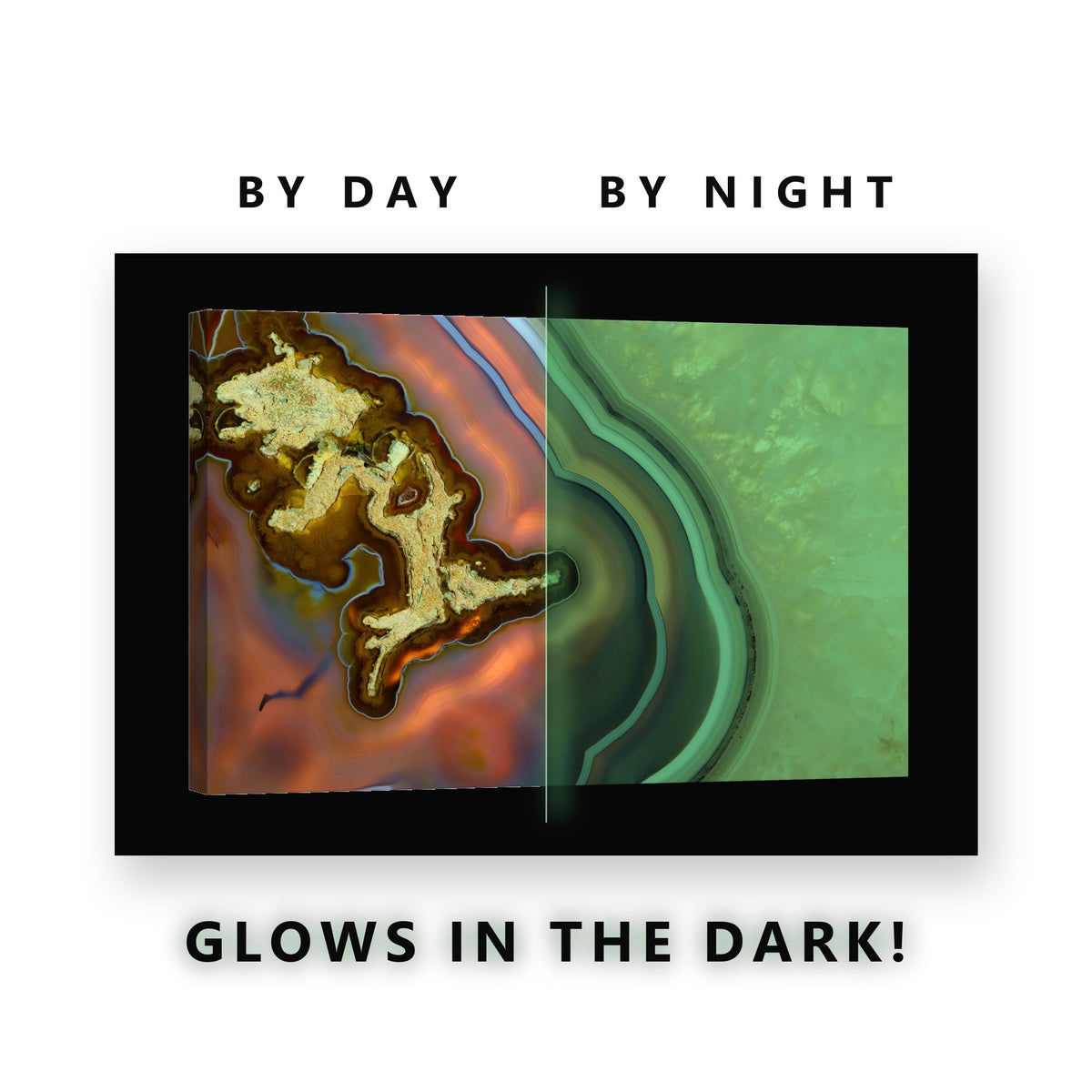 Orange and Blue Agate Slice Glow in the Dark Canvas Wall Art Living Room, glowing at night