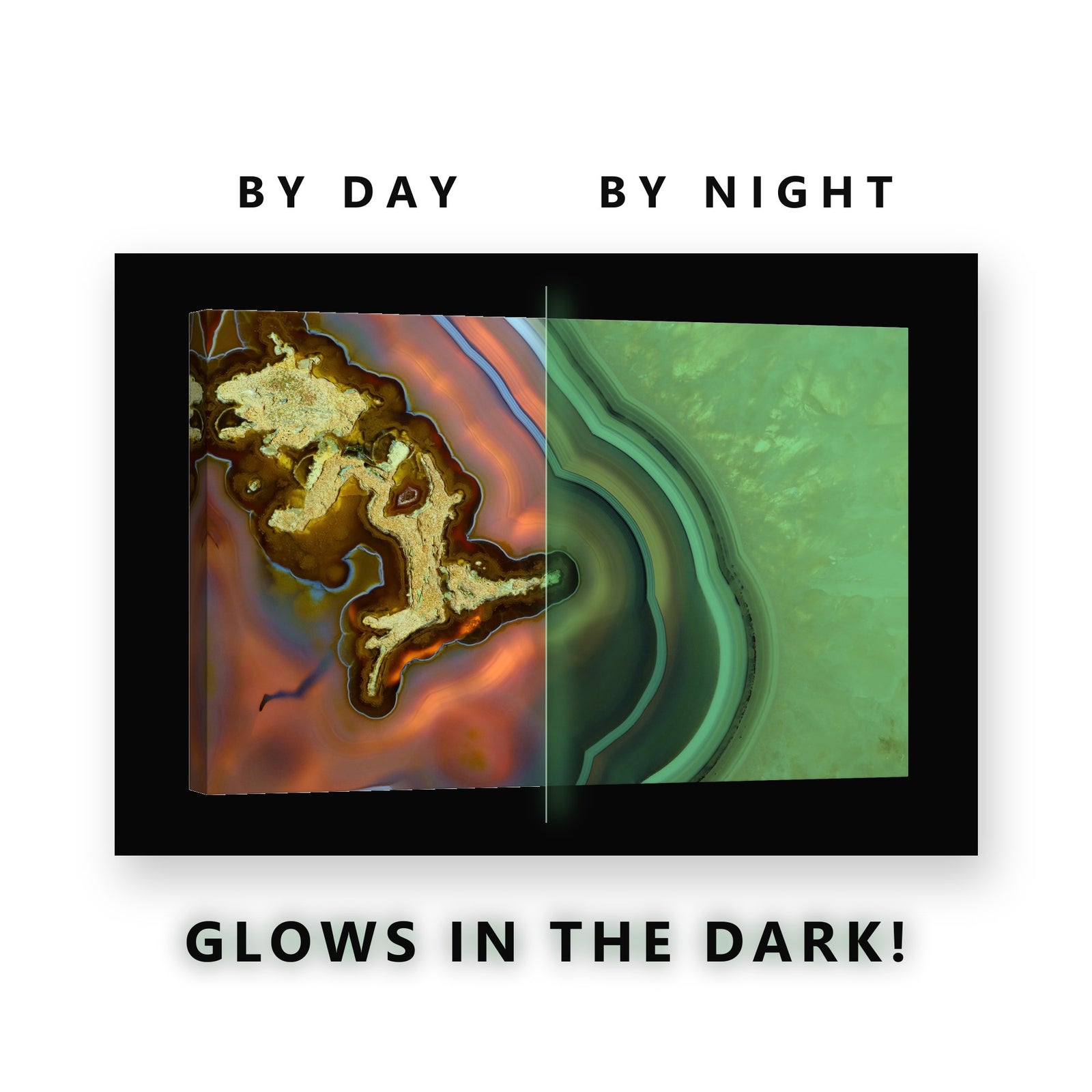 Orange and Blue Agate Slice Glow in the Dark Canvas Wall Art Living Room, glowing at night