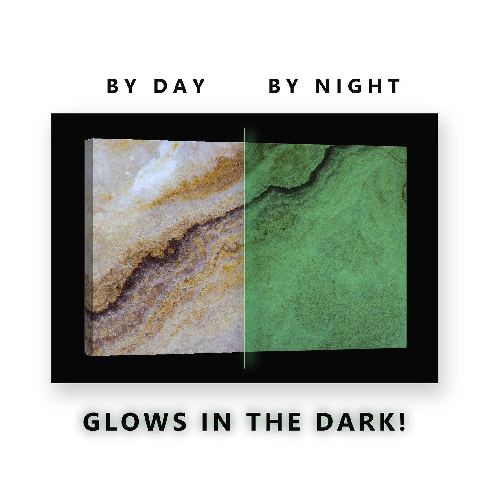 Cream and Amber Onyx Glow in the Dark Canvas Wall Art for Living Room, glowing at night