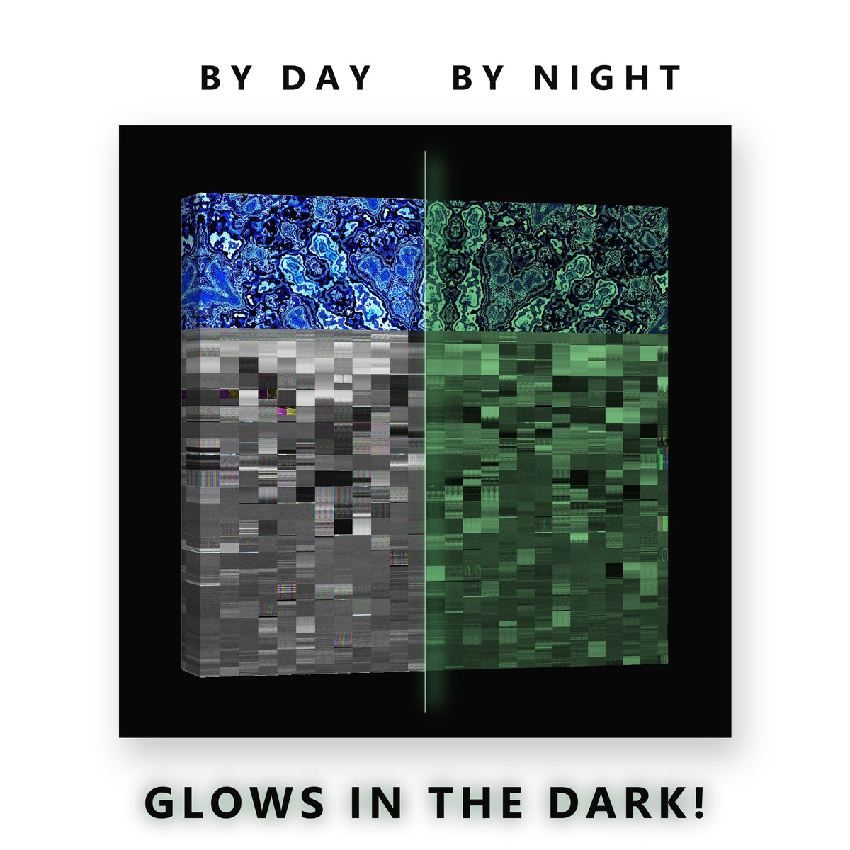 Blue Pattern and Glitch Field Glow in the Dark Canvas Wall Art Office, glowing at night