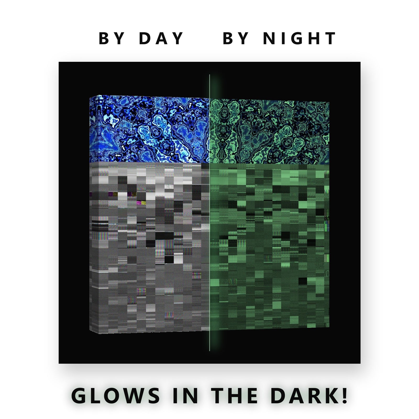 Blue Pattern and Glitch Field Glow in the Dark Canvas Wall Art Office, glowing at night