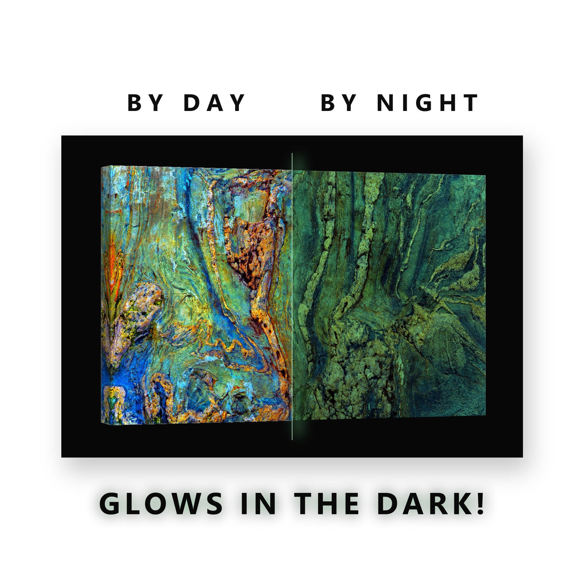 Blue and Gold Rock Texture Glow in the Dark Canvas Wall Art Living Room, glowing at night