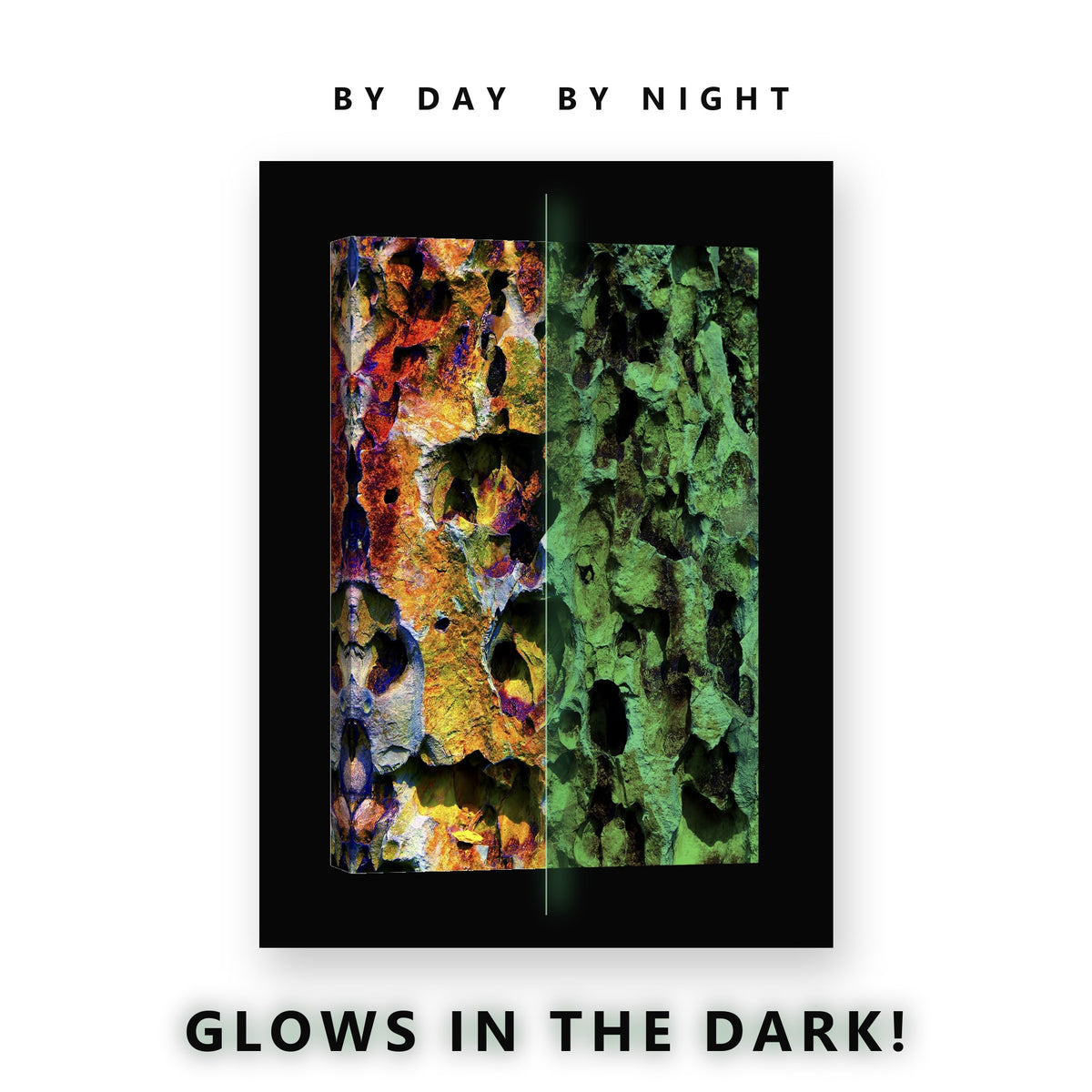 Golden Mirrored Rock Texture Glow in the Dark Canvas Wall Art Office, glowing at night