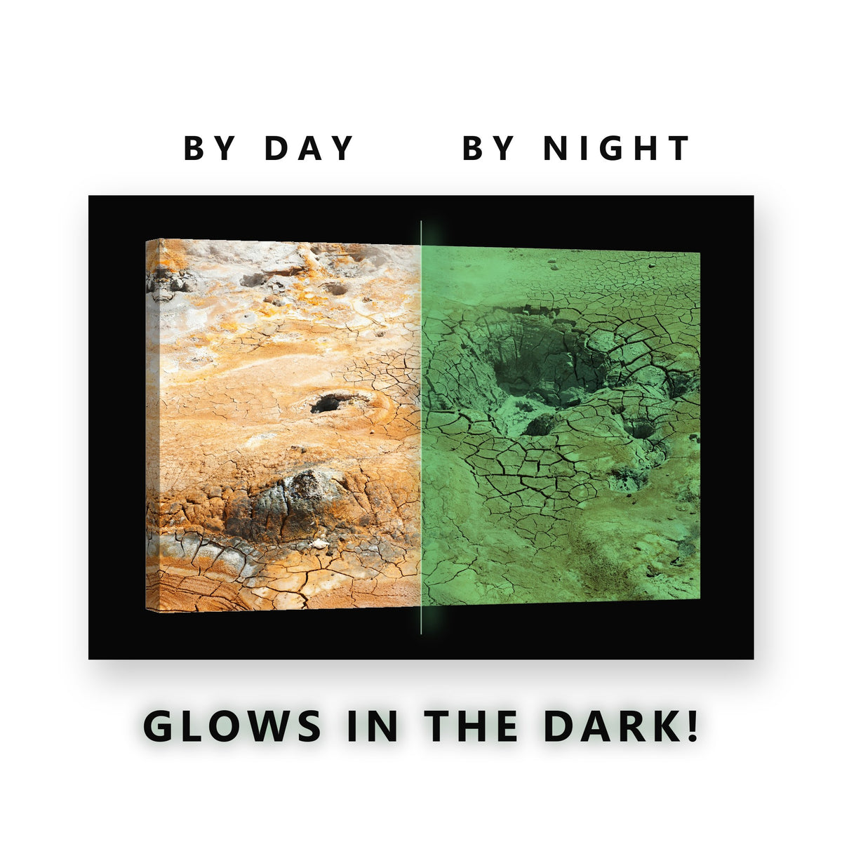 Geothermal Mud Field Glow in the Dark Canvas Wall Art for Home Office, glowing at night