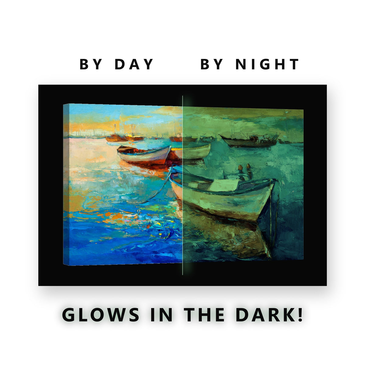 Painted Fishing Boats at Sunset Glow in the Dark Canvas Wall Art Bath, glowing at night