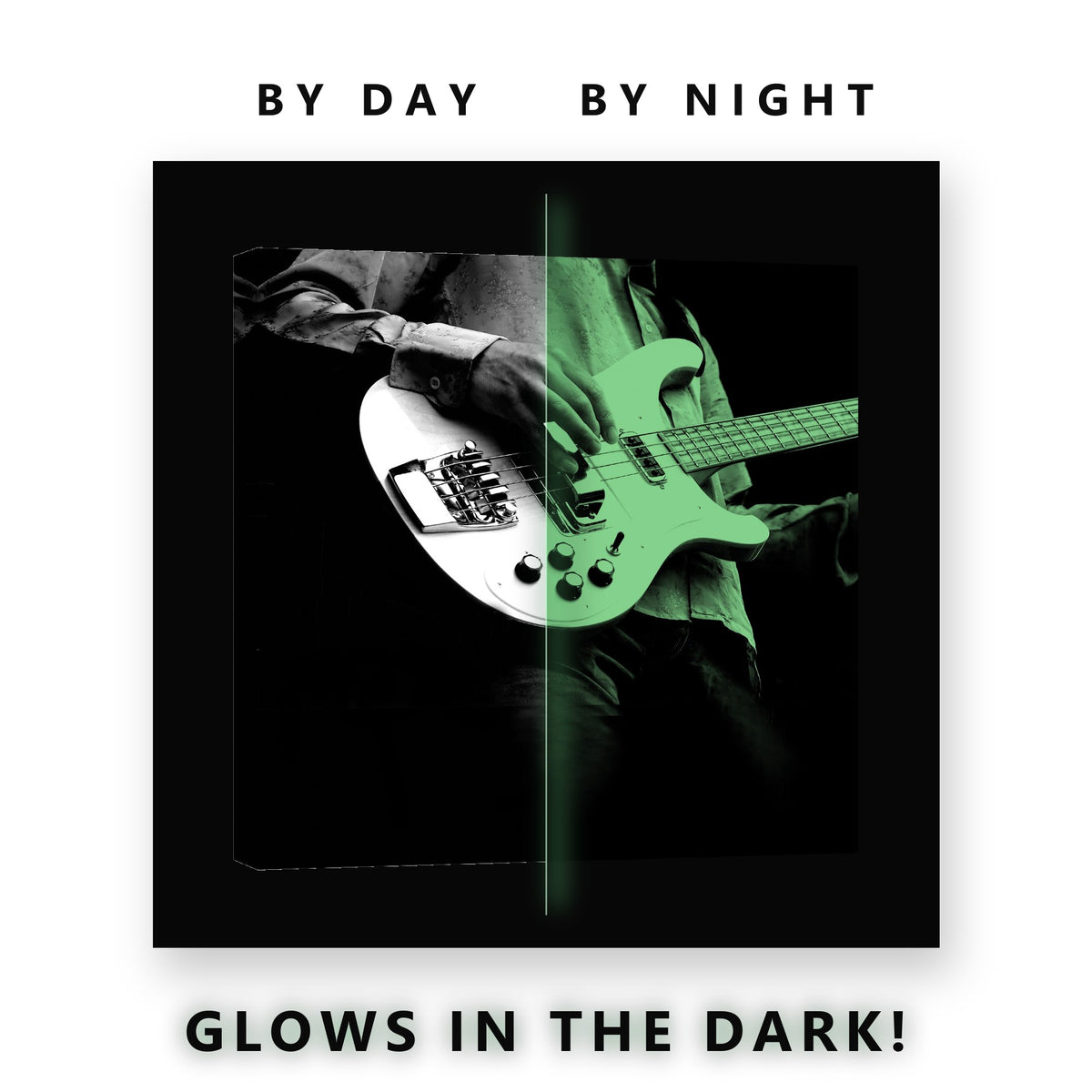 Bass Guitar in Black and White Glow in the Dark Canvas Wall Art Man Cave, glowing at night