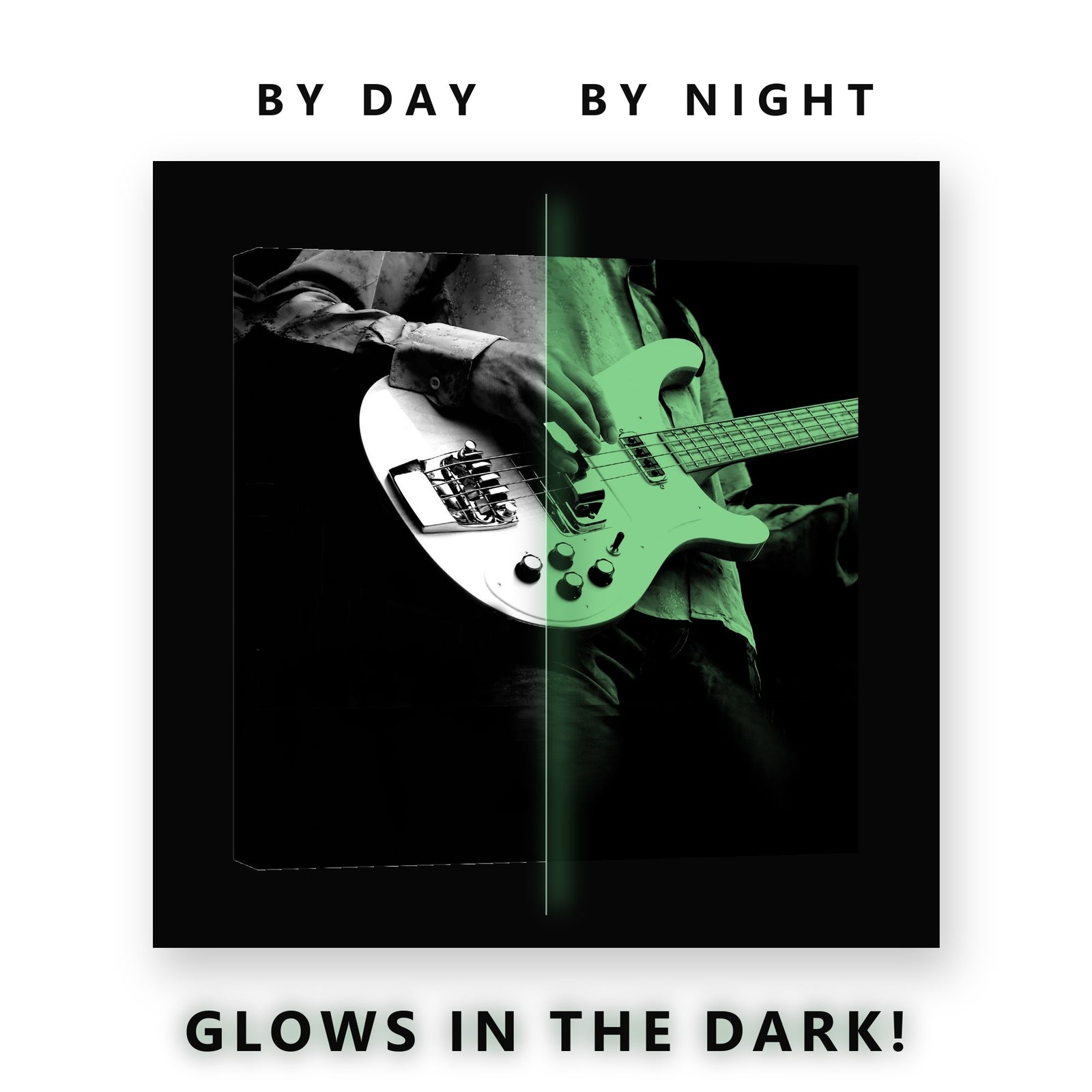 Bass Guitar in Black and White Glow in the Dark Canvas Wall Art Man Cave, glowing at night