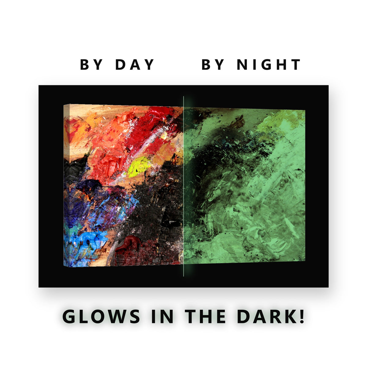 Artist Palette Mixed Paint Glow in the Dark Canvas Wall Art Home Office, glowing at night