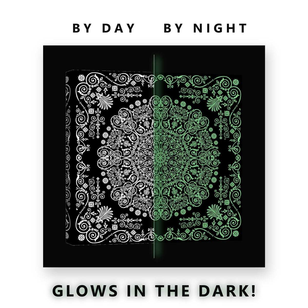 White Filigree Mandala Glow in the Dark Canvas Wall Art for Living Room, glowing at night
