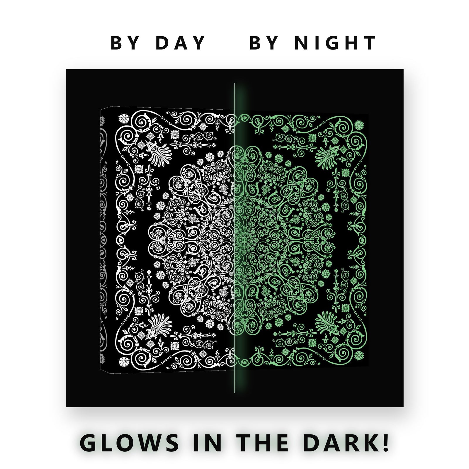 White Filigree Mandala Glow in the Dark Canvas Wall Art for Living Room, glowing at night