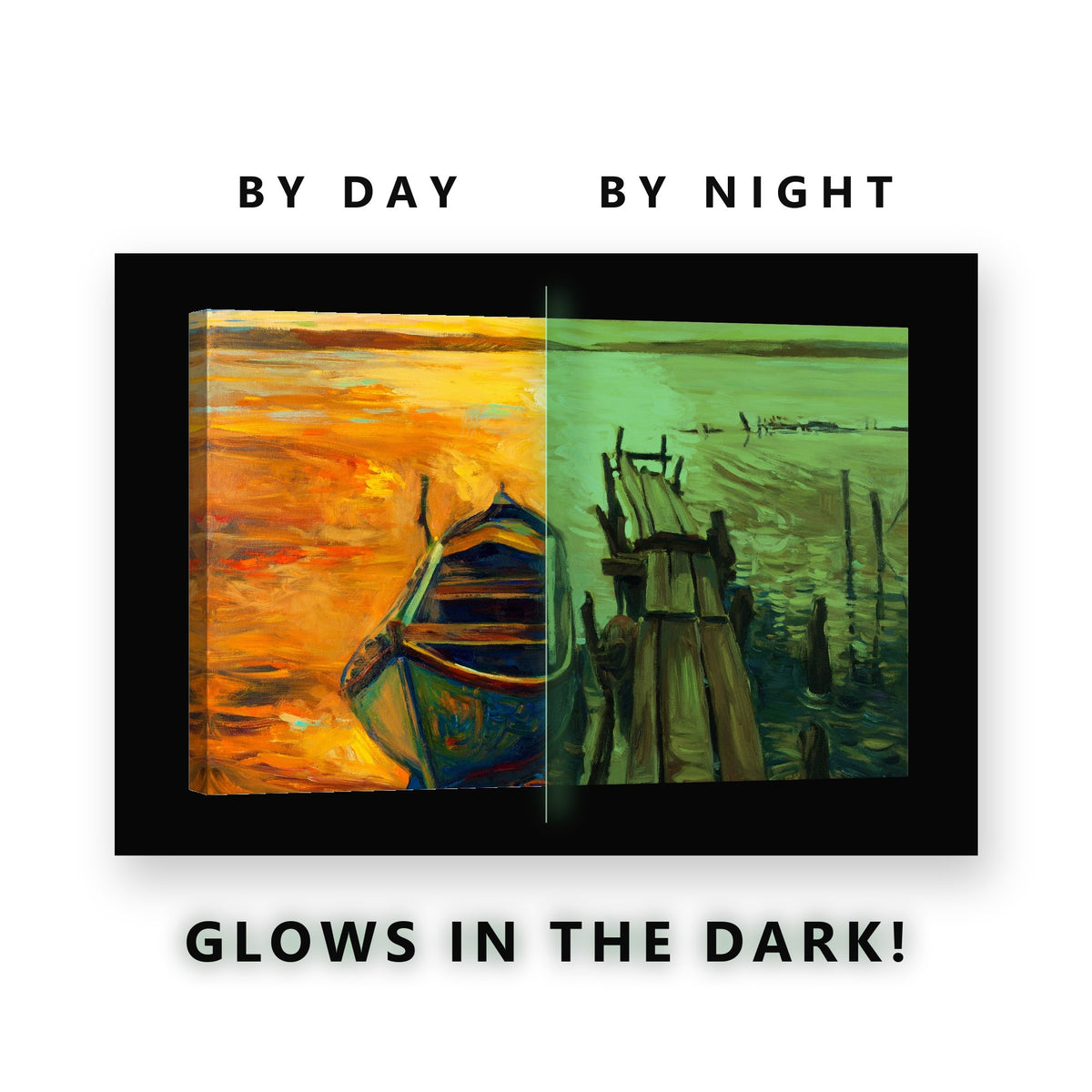 Painted Boat and Jetty at Dusk Glow in the Dark Canvas Wall Art Bedroom, glowing at night
