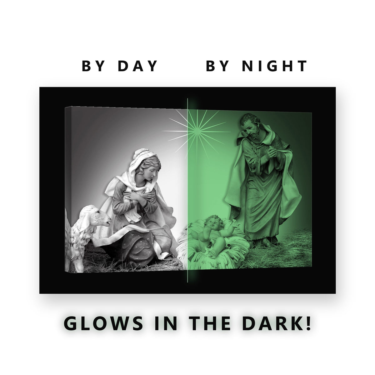 Nativity Scene in Monochrome Glow in the Dark Canvas Wall Art Living Room, glowing at night