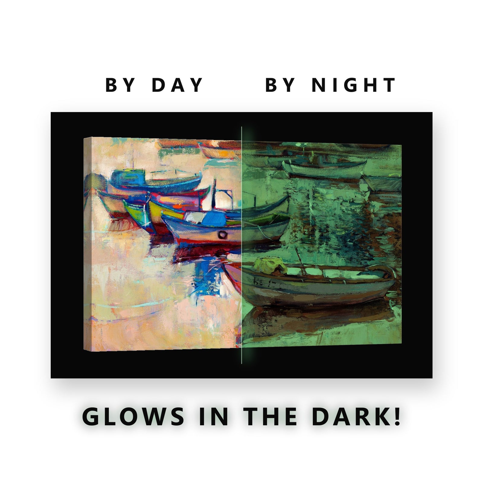 Colorful Painted Harbor Boats Glow in the Dark Canvas Wall Art Bathroom, glowing at night