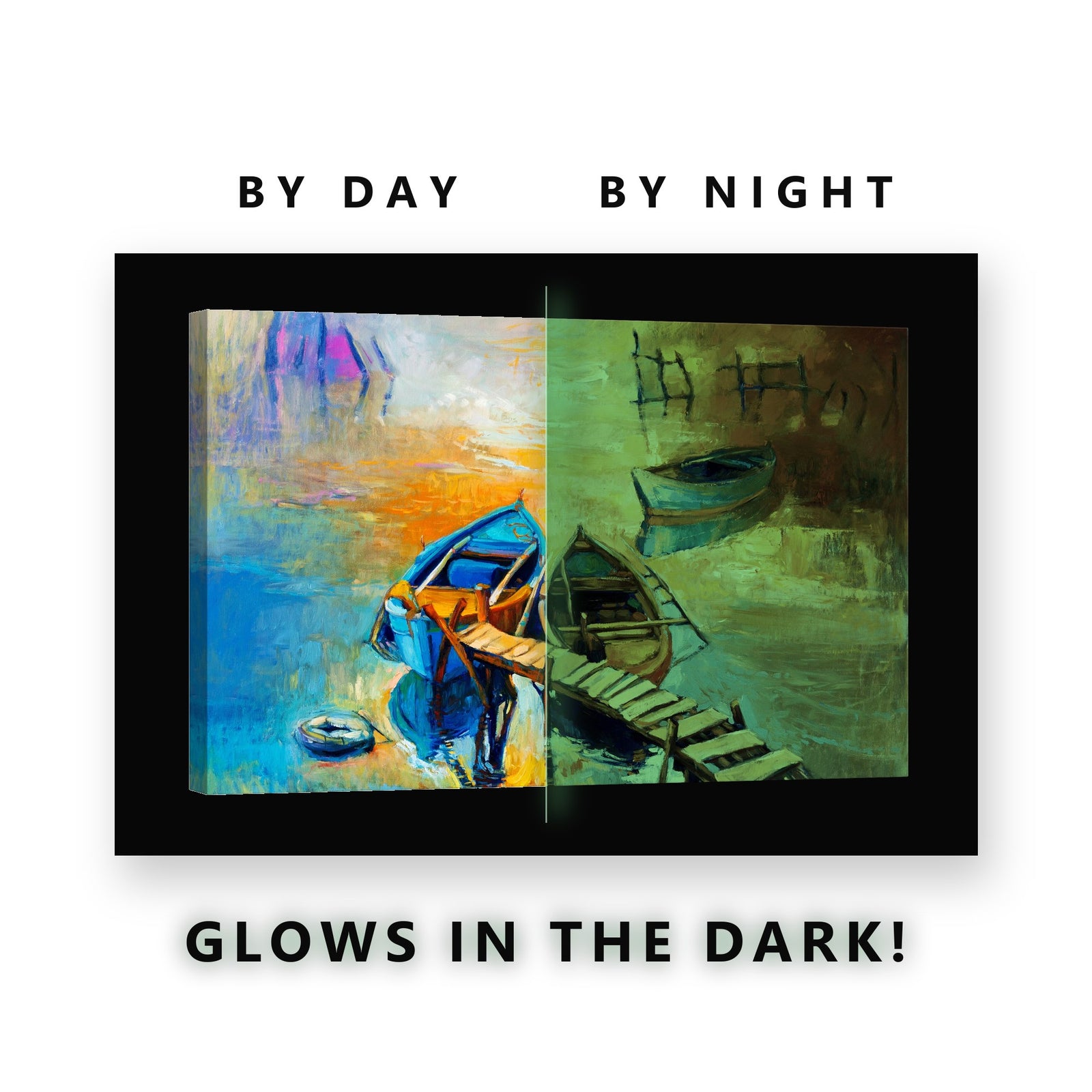 Painted Boats and Wooden Jetty Glow in the Dark Canvas Wall Art Bathroom, glowing at night
