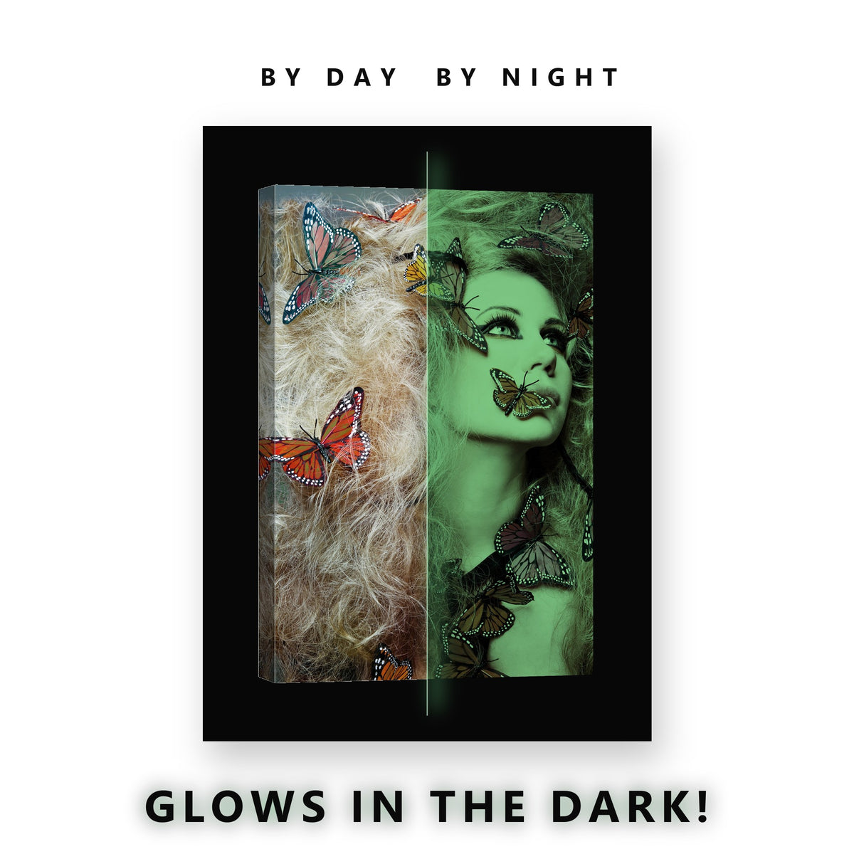 Woman With Butterflies in Hair Glow in the Dark Canvas Wall Art Bedroom, glowing at night