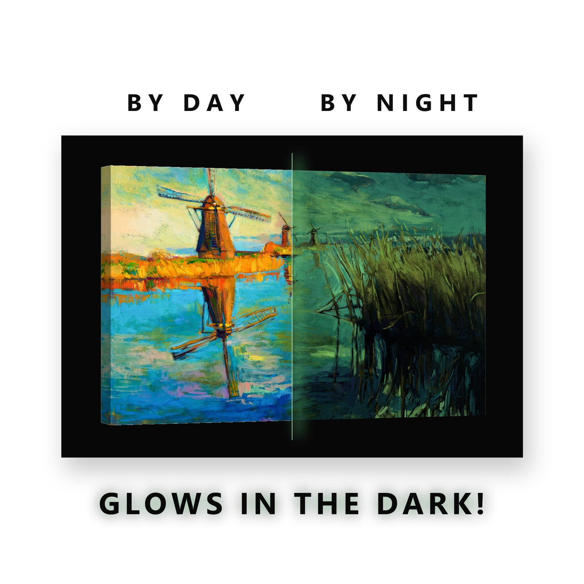 Painted Windmills on the Water Glow in the Dark Canvas Wall Art Kitchen, glowing at night
