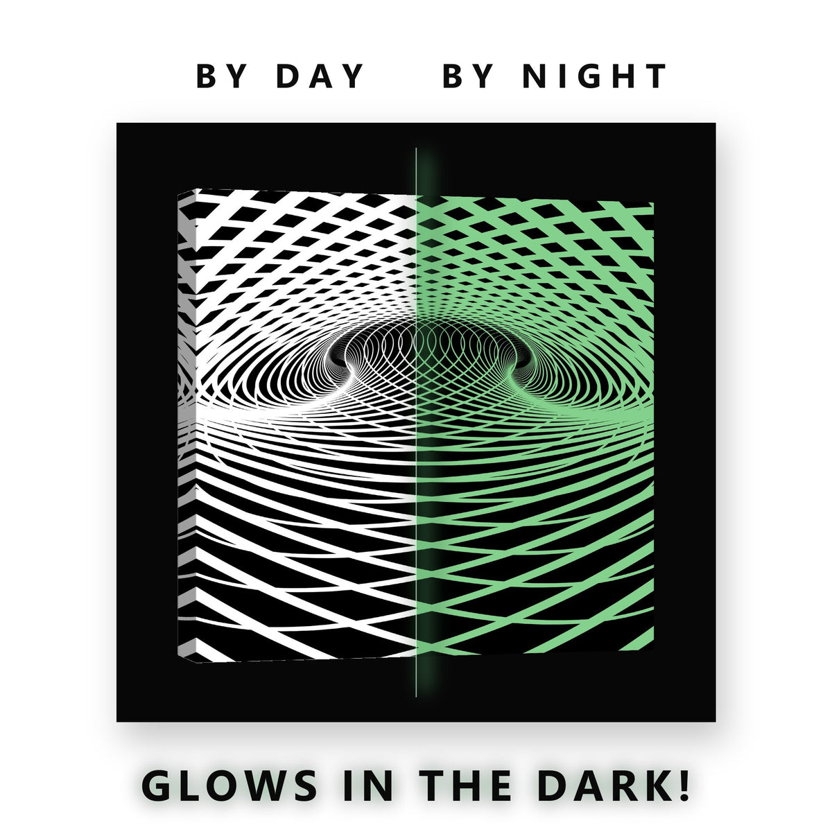Black and White Op Art Tunnel Glow in the Dark Canvas Wall Art Office, glowing at night