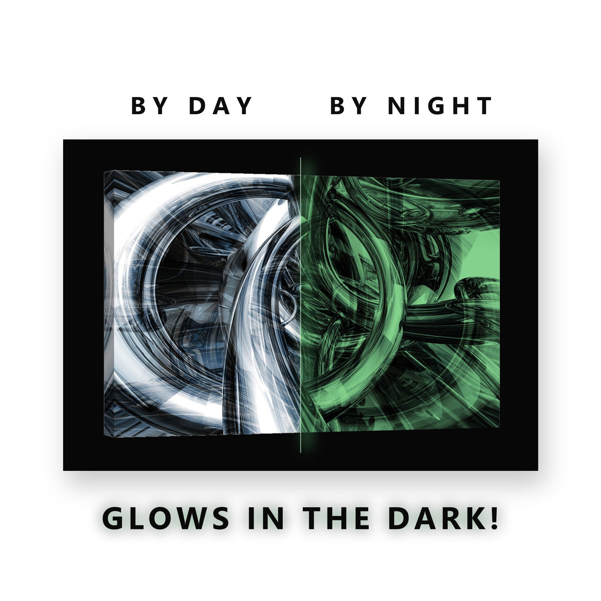 Silver Chrome Loops Abstract Glow in the Dark Canvas Wall Art Office, glowing at night