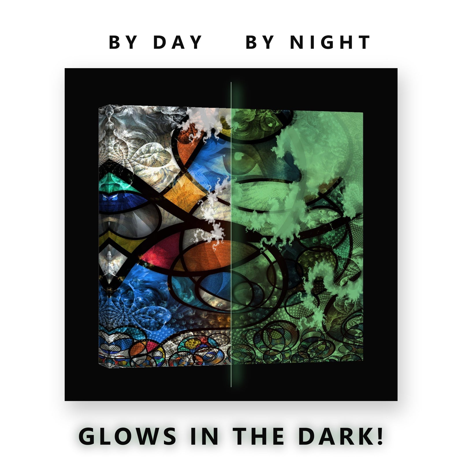 Stained Glass Eye Abstract Glow in the Dark Canvas Wall Art Home Office, glowing at night