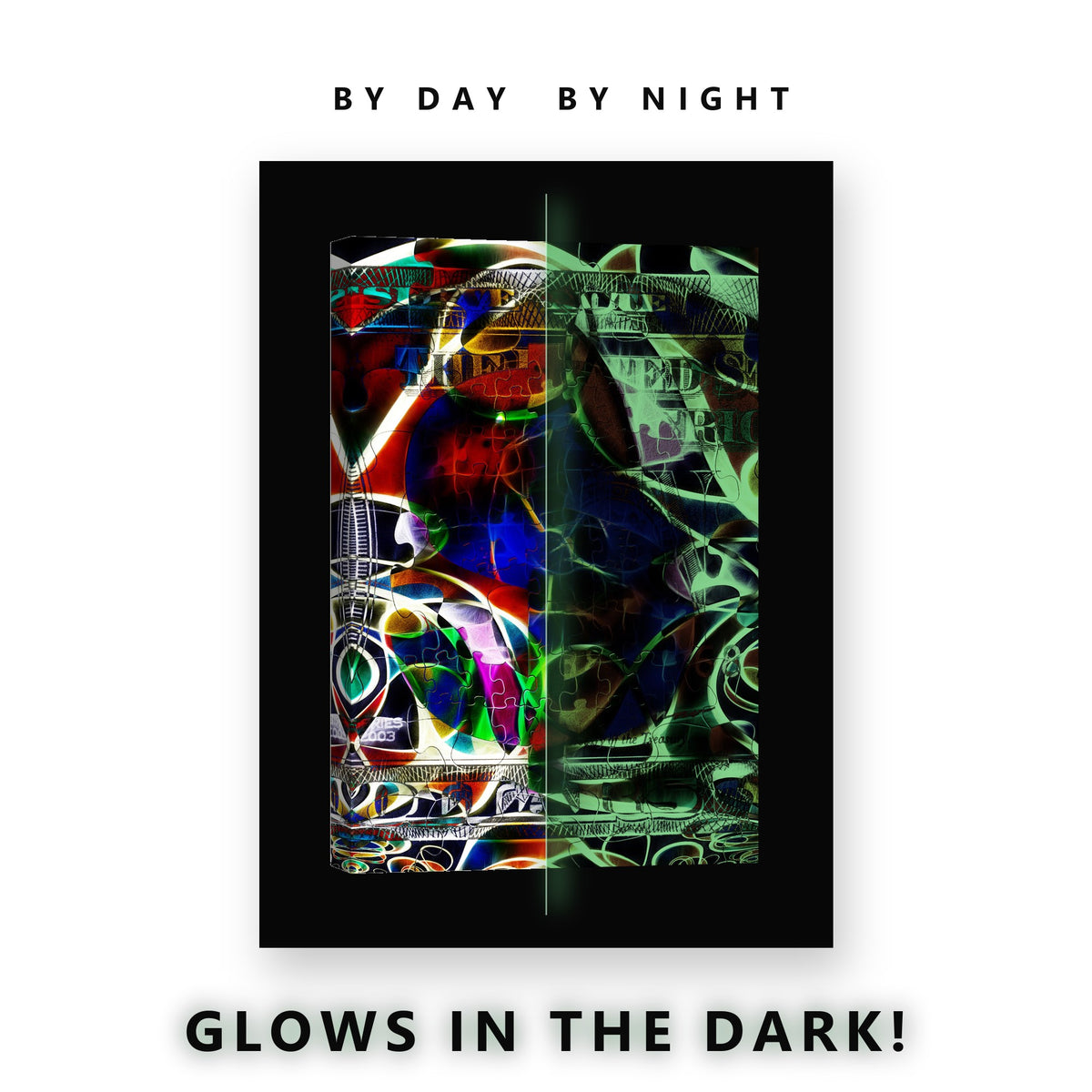 Neon Puzzle Abstract Collage Glow in the Dark Canvas Wall Art Man Cave, glowing at night