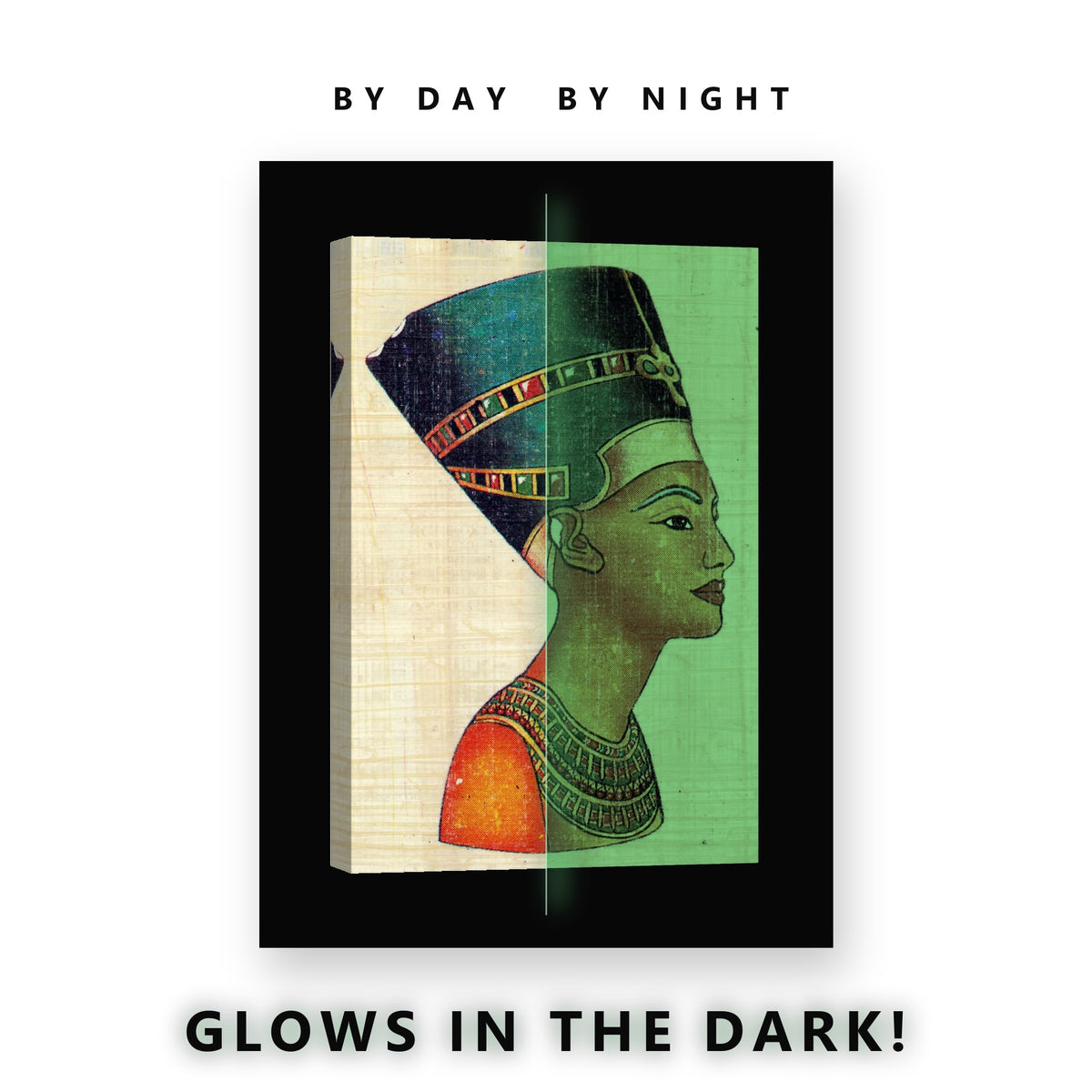 Egyptian Queen on Papyrus Glow in the Dark Canvas Wall Art Living Room, glowing at night