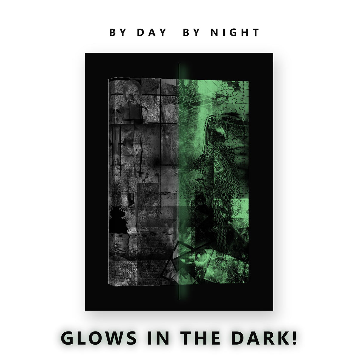 Dark Monochrome Collage Art Glow in the Dark Canvas Wall Art Home Office, glowing at night