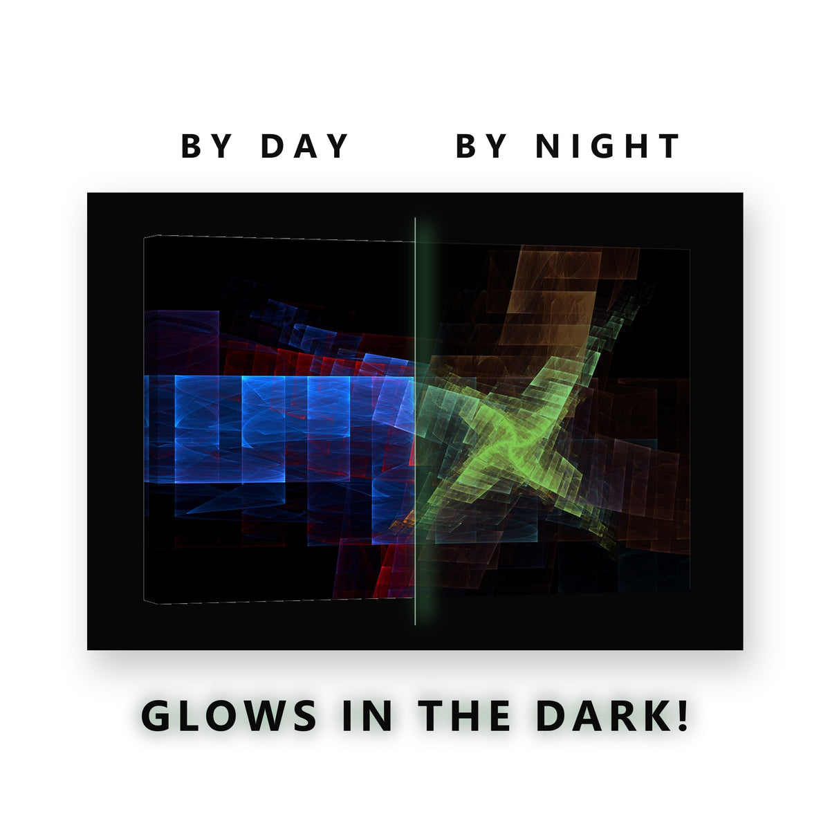 Blue and Red Fractal Planes Glow in the Dark Canvas Wall Art Home Office, glowing at night