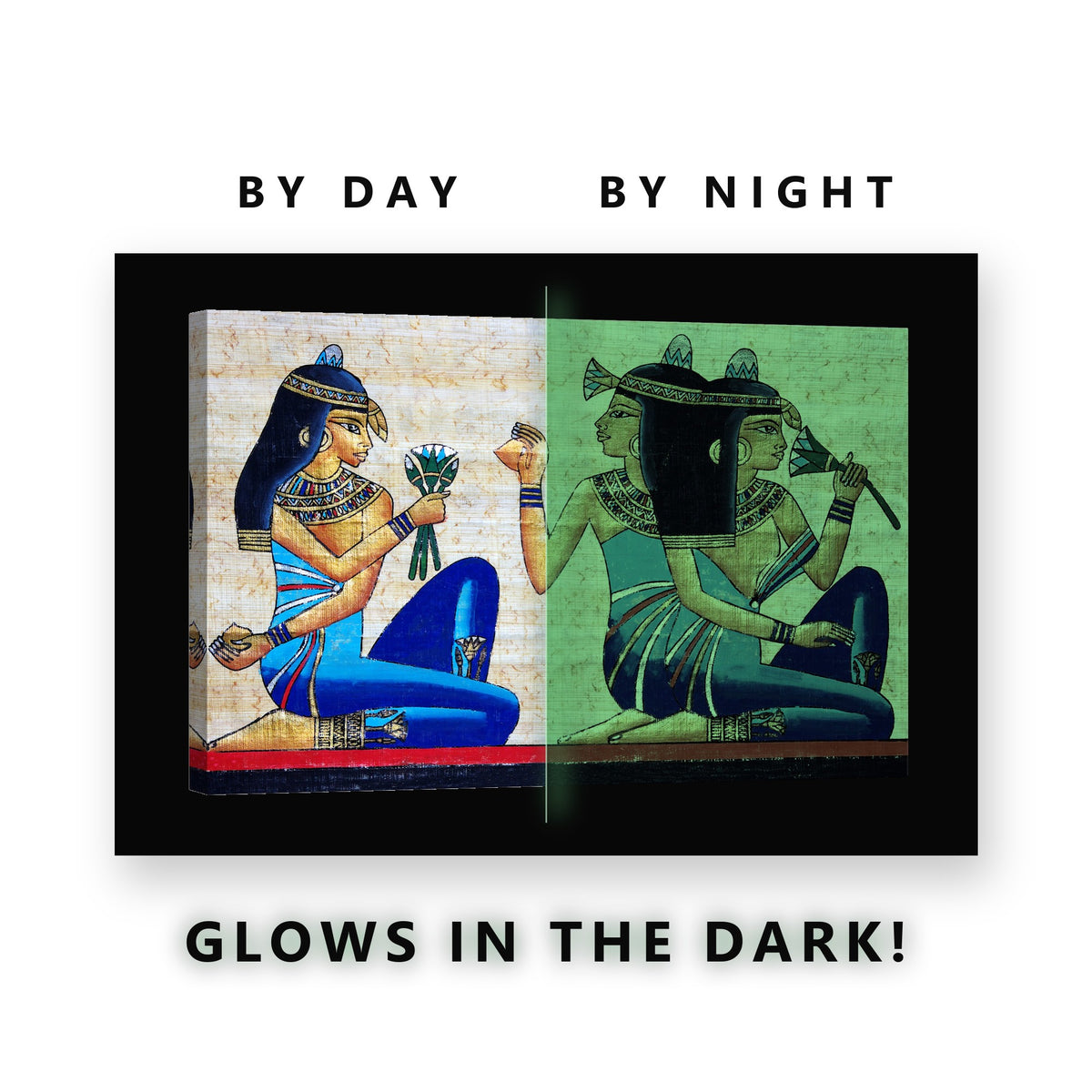 Egyptian Figures on Papyrus Glow in the Dark Canvas Wall Art Living Room, glowing at night