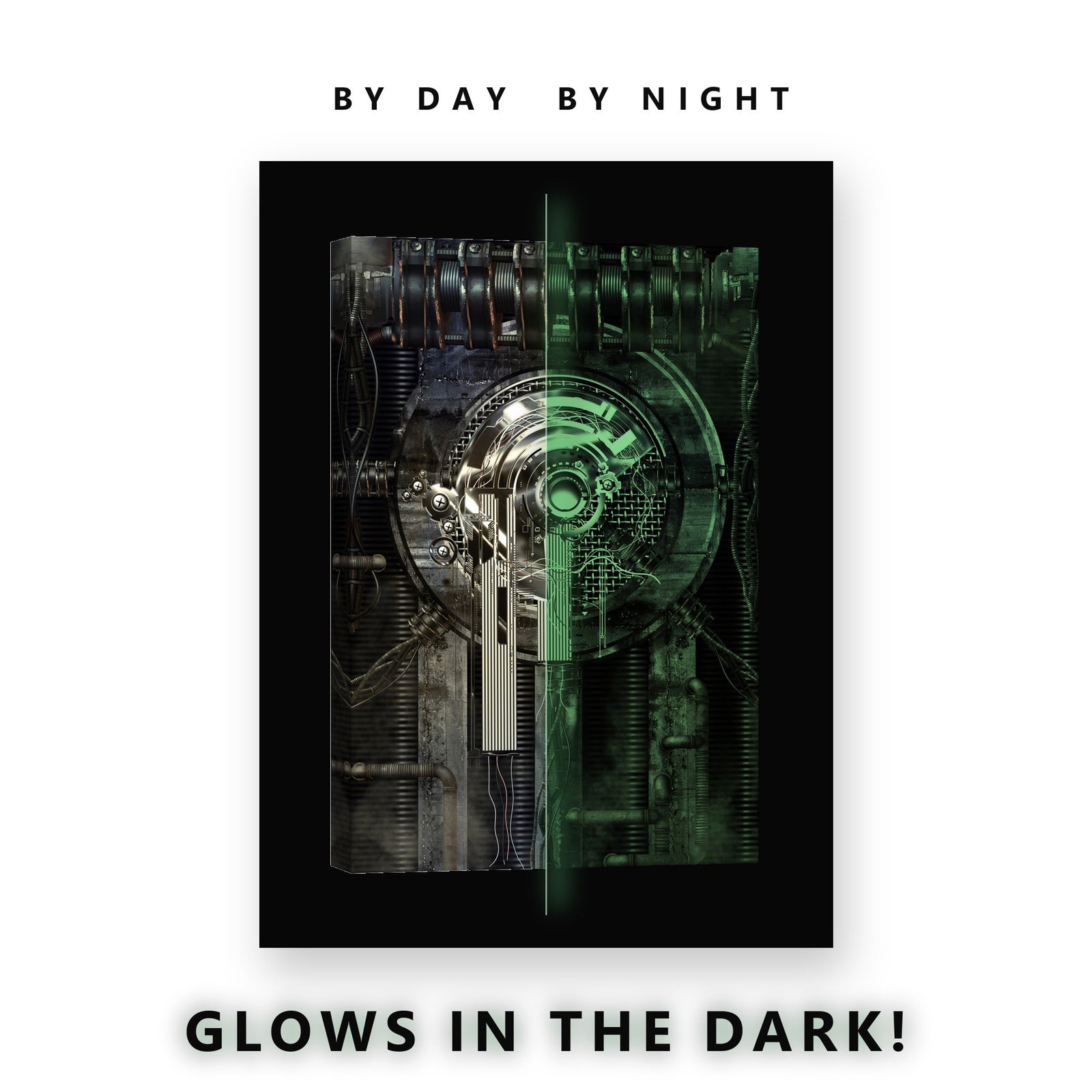 Steampunk Machine Face Glow in the Dark Canvas Wall Art for Man Cave, glowing at night