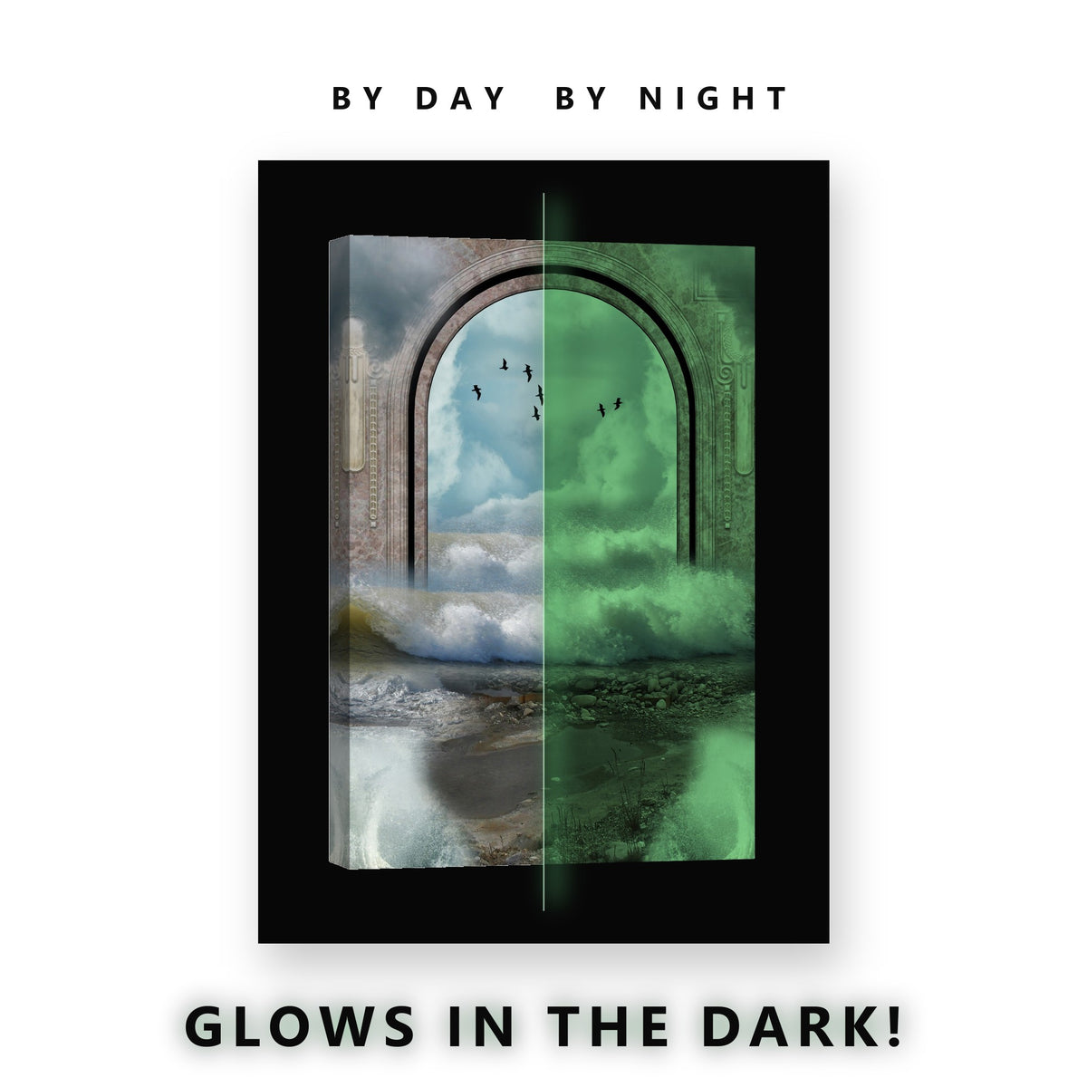 Stone Arch Over a Wild Sea Glow in the Dark Canvas Wall Art Living Room, glowing at night