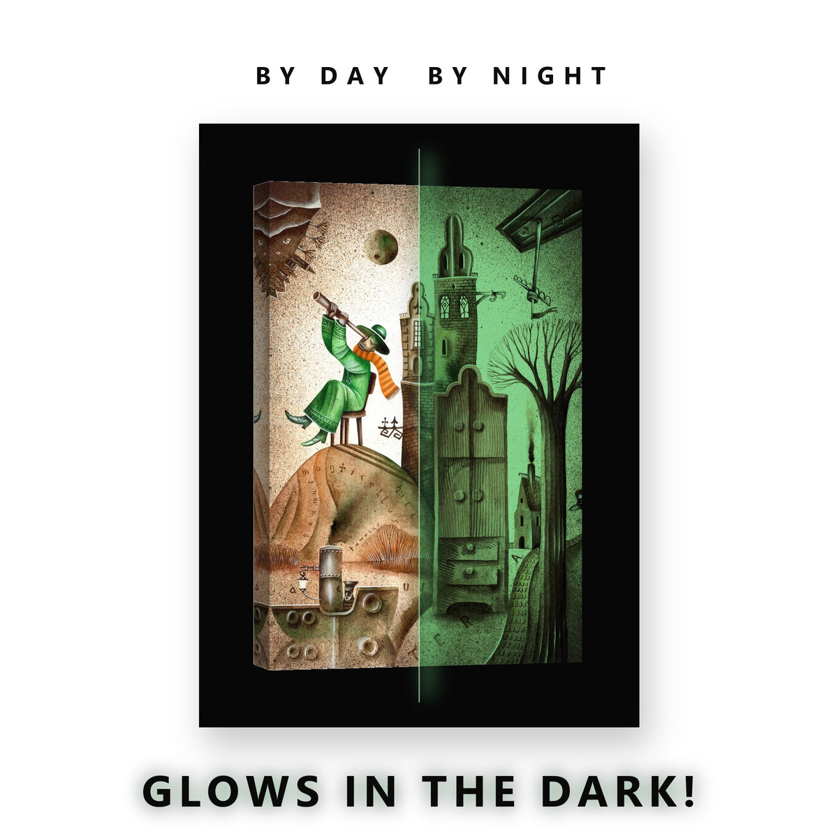 Stargazer With a Telescope Glow in the Dark Canvas Wall Art Kids Room, glowing at night