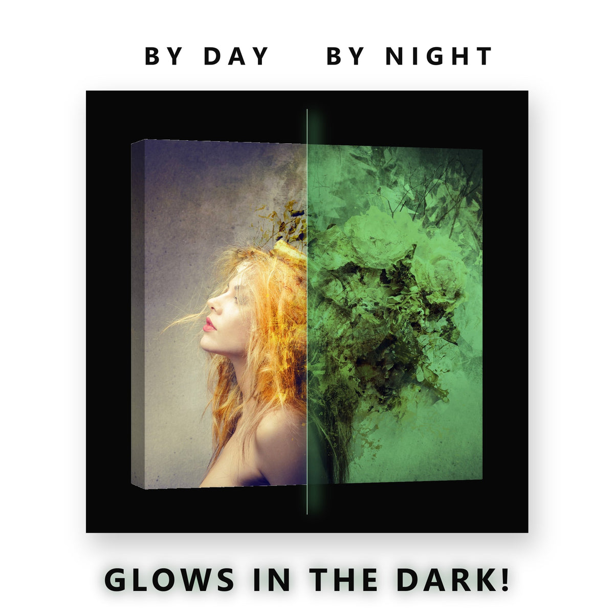 Woman With Golden Flower Hair Glow in the Dark Canvas Wall Art Bedroom, glowing at night