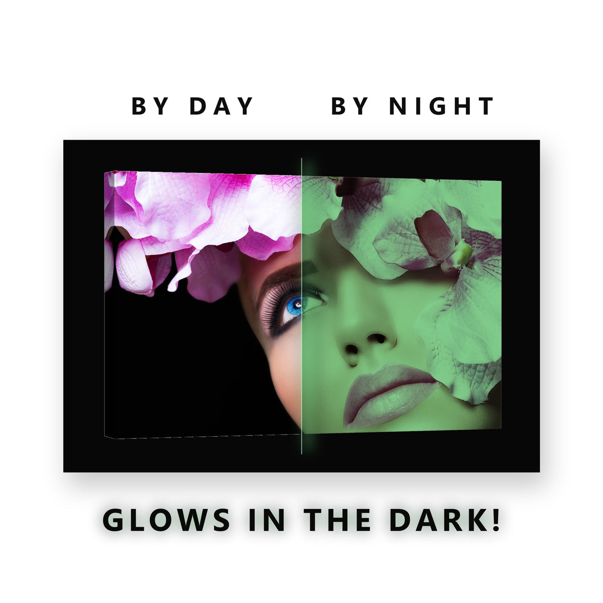 Portrait Framed by Pink Orchids Glow in the Dark Canvas Wall Art Bedroom, glowing at night