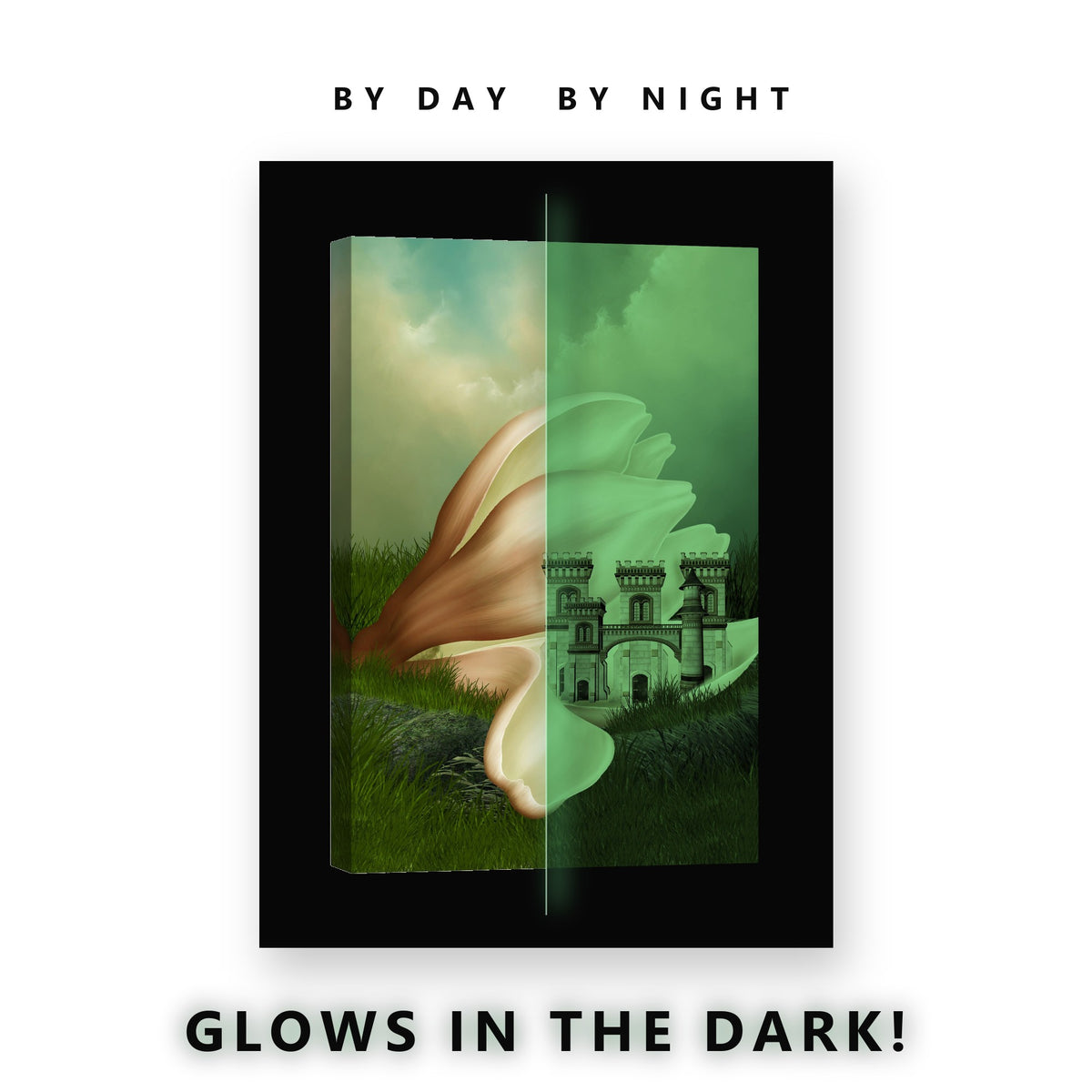 Fantasy Castle in a Shell Glow in the Dark Canvas Wall Art Kids Room, glowing at night