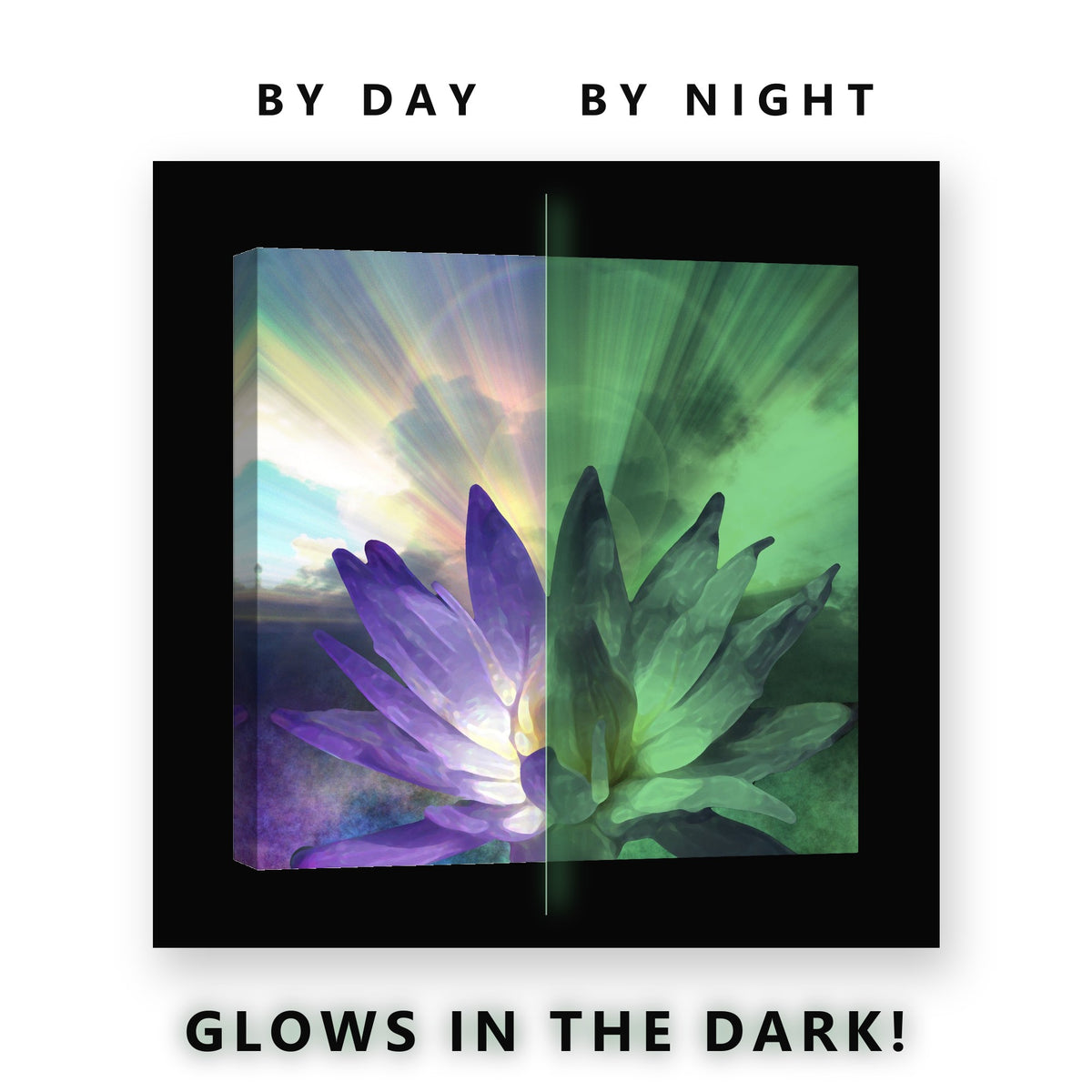 Purple Lotus in Sunrays Glow in the Dark Canvas Wall Art for Bedroom, glowing at night