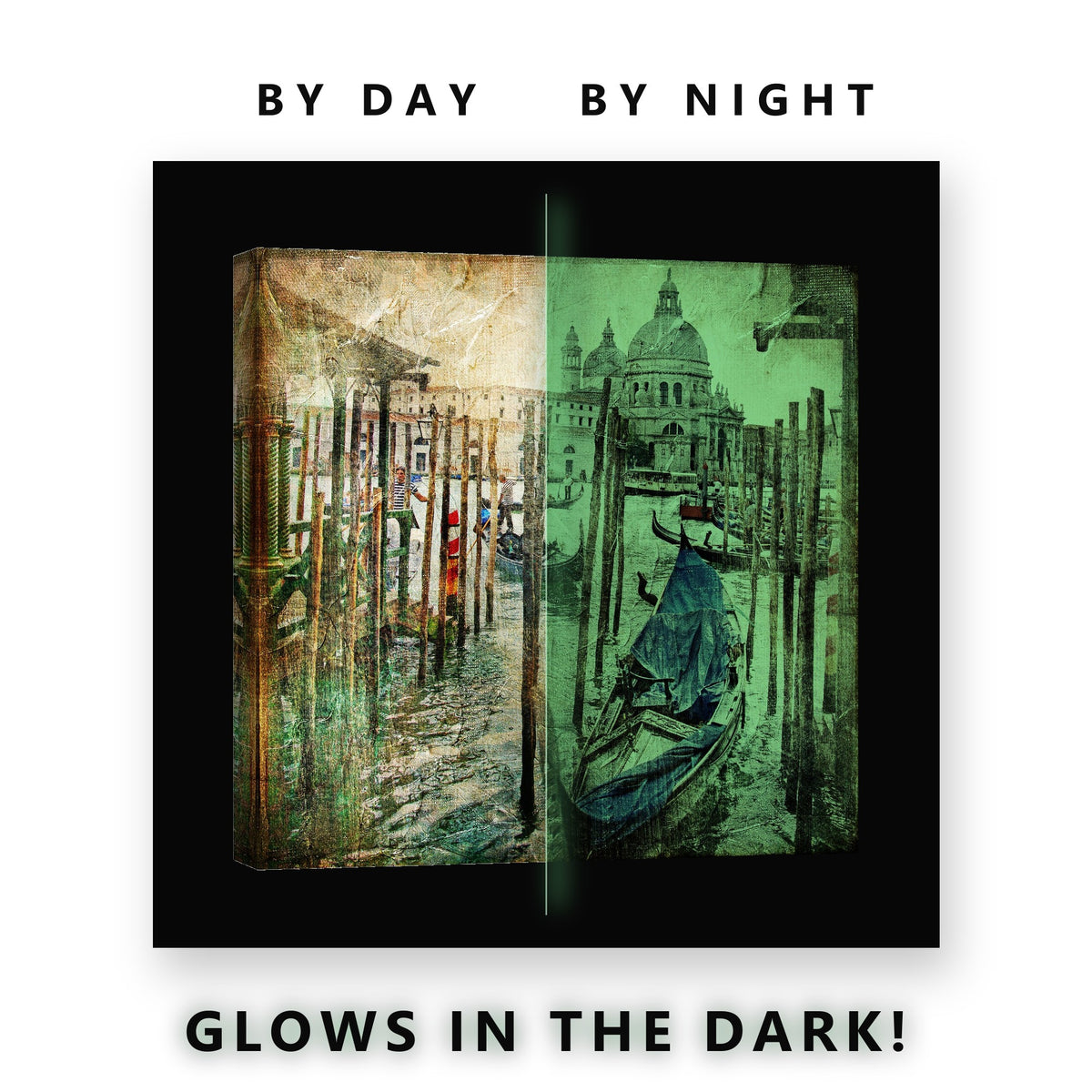 Vintage Canal With Gondolas Glow in the Dark Canvas Wall Art Living Room, glowing at night