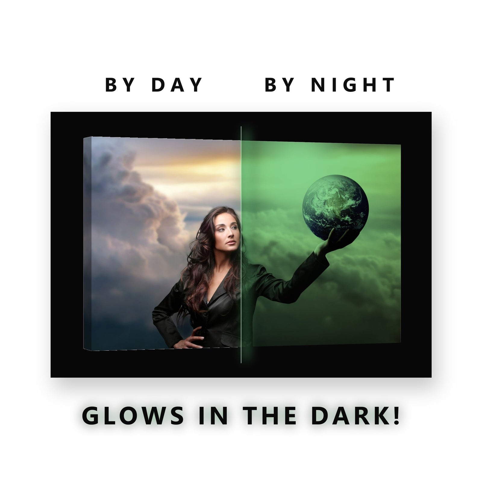 Woman Holding the World Glow in the Dark Canvas Wall Art Home Office, glowing at night