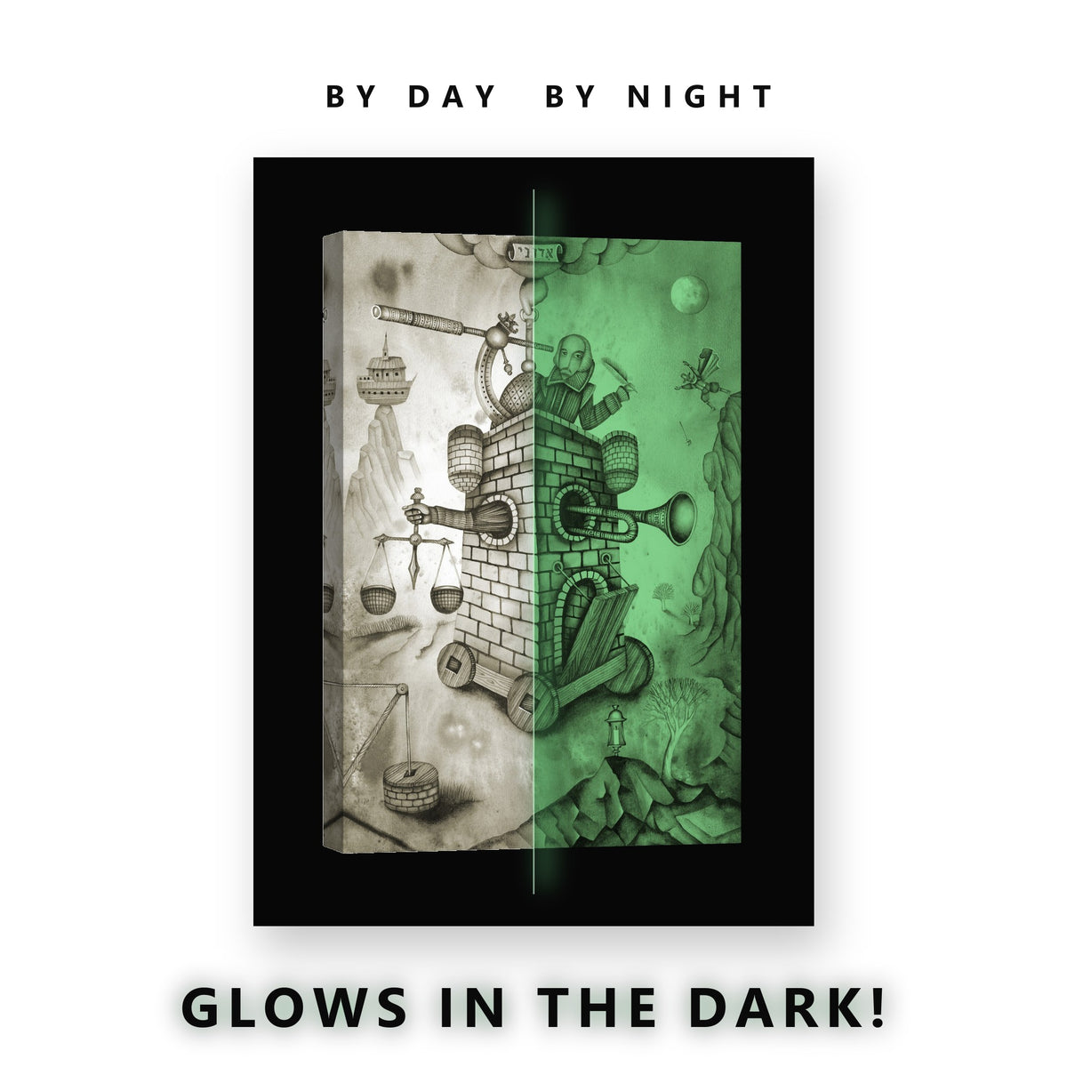 Surreal Walking Tower Drawing Glow in the Dark Canvas Wall Art Office, glowing at night