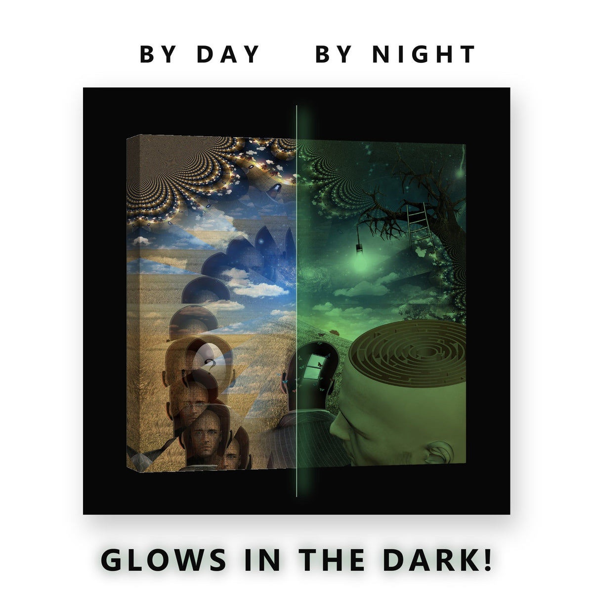 Surreal Nested Heads Collage Glow in the Dark Canvas Wall Art Office, glowing at night