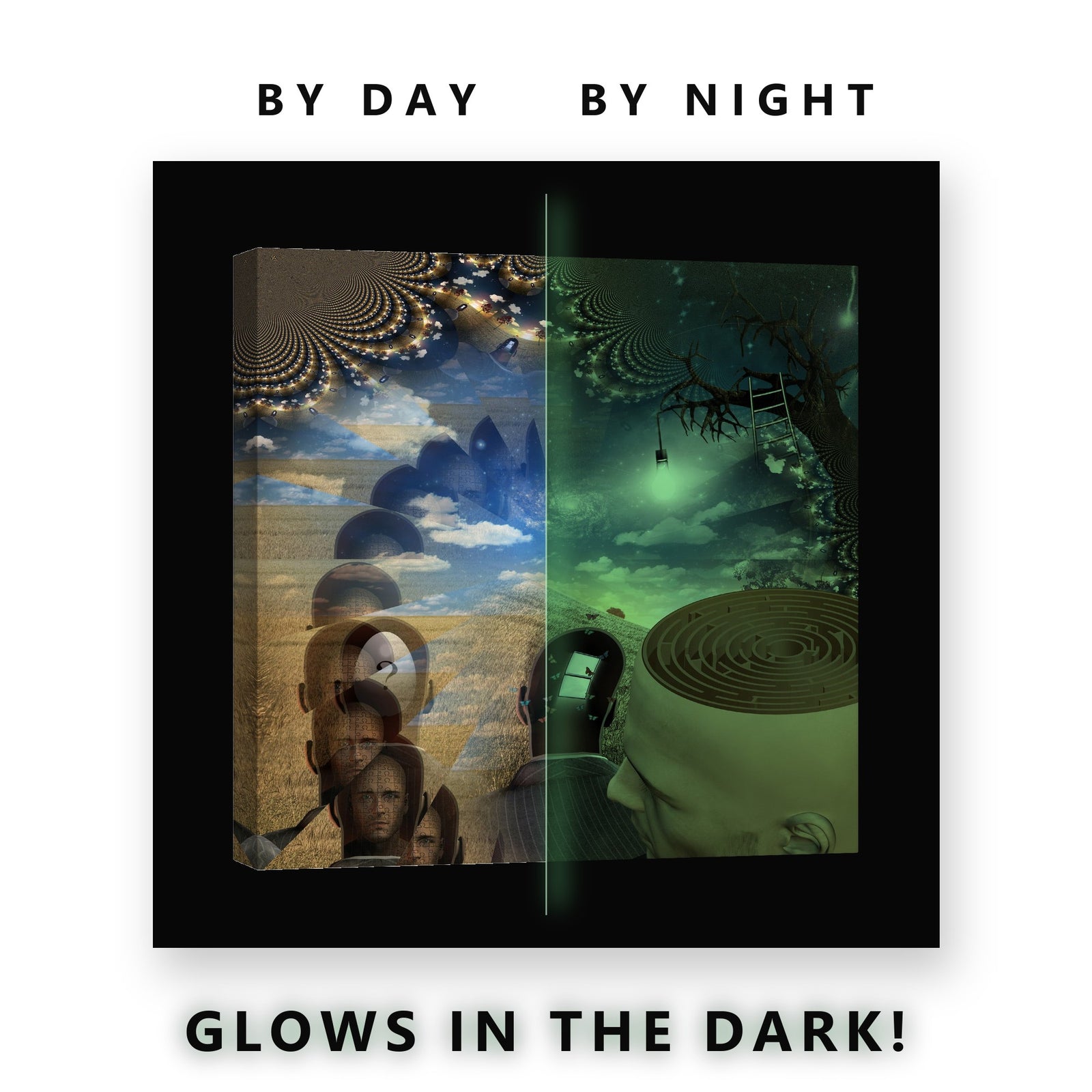 Surreal Nested Heads Collage Glow in the Dark Canvas Wall Art Office, glowing at night