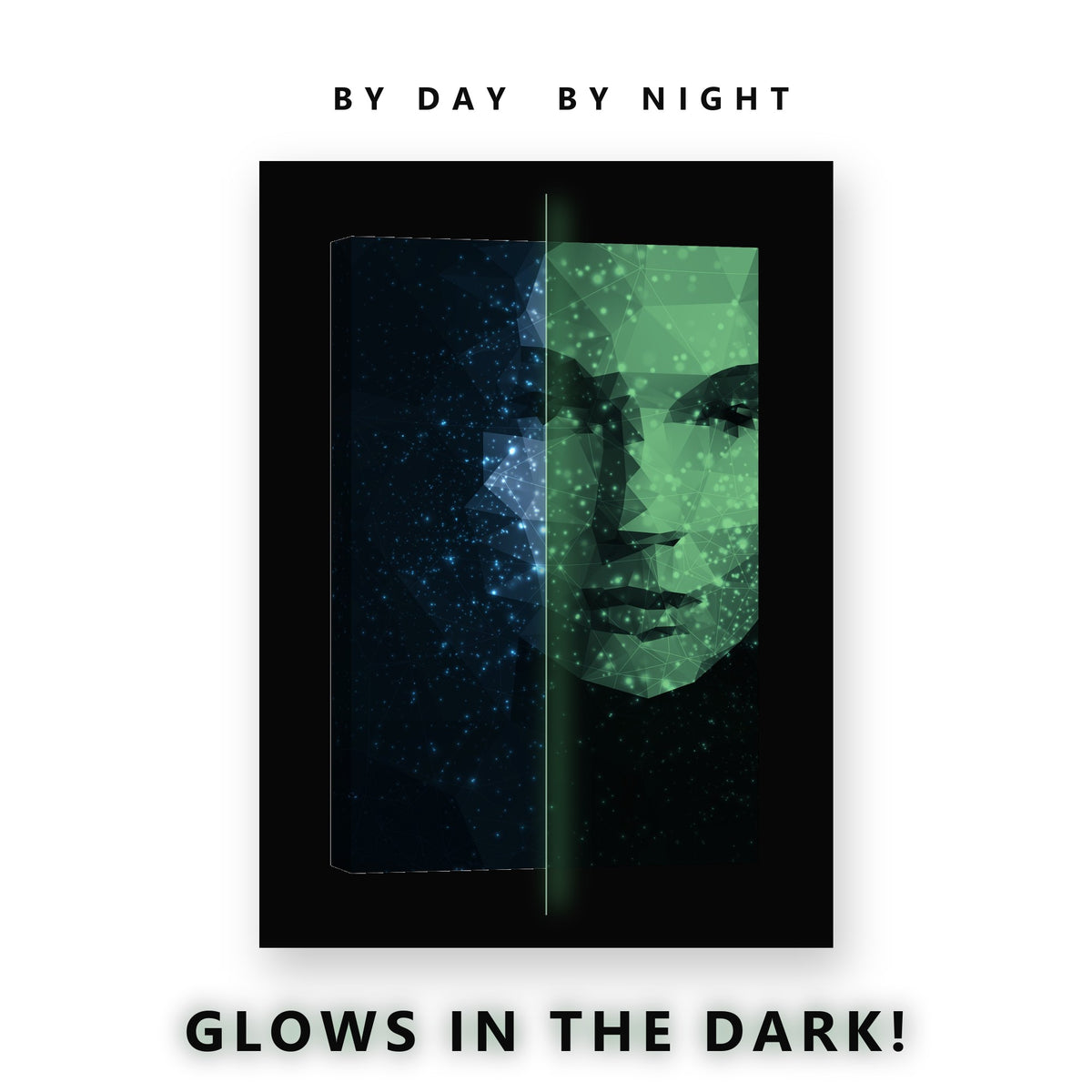Low Poly Face in Blue Stars Glow in the Dark Canvas Wall Art Home Office, glowing at night