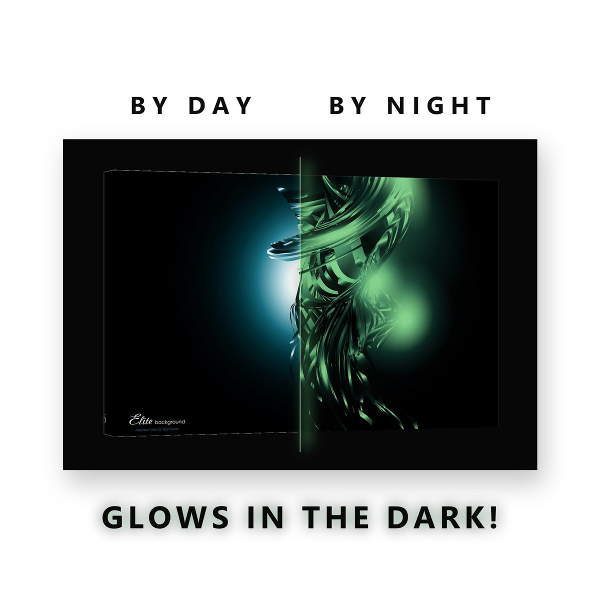 Teal Chrome Ribbon Abstract Glow in the Dark Canvas Wall Art Home Office, glowing at night